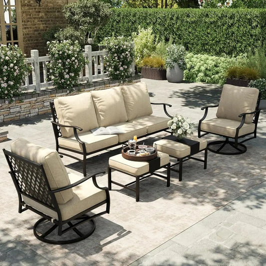 Outdoor Cushioned Patio Furniture Set with Swivel Chairs and Ottomans