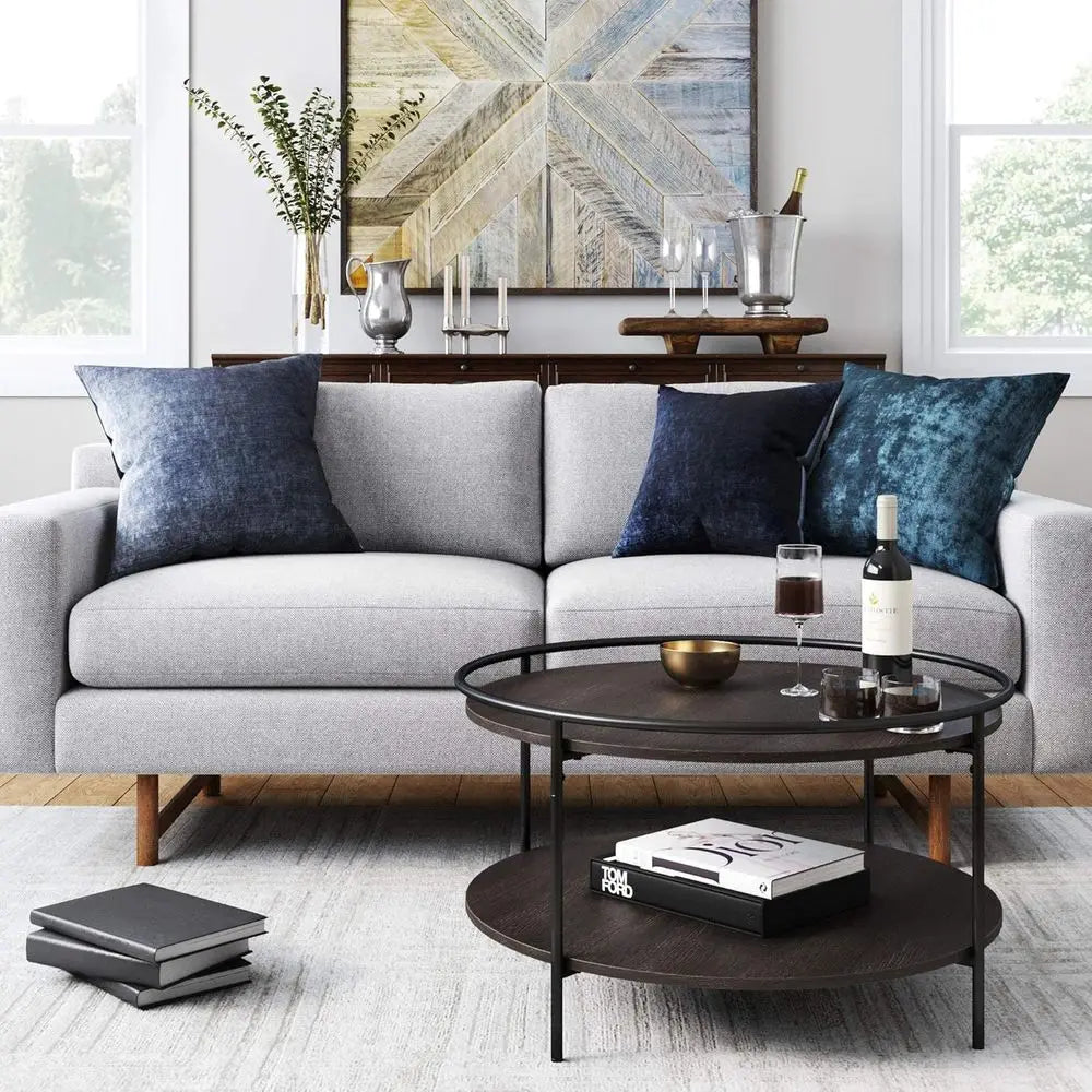 Oak Round Two Tier Coffee Table With Raised Tray Edge