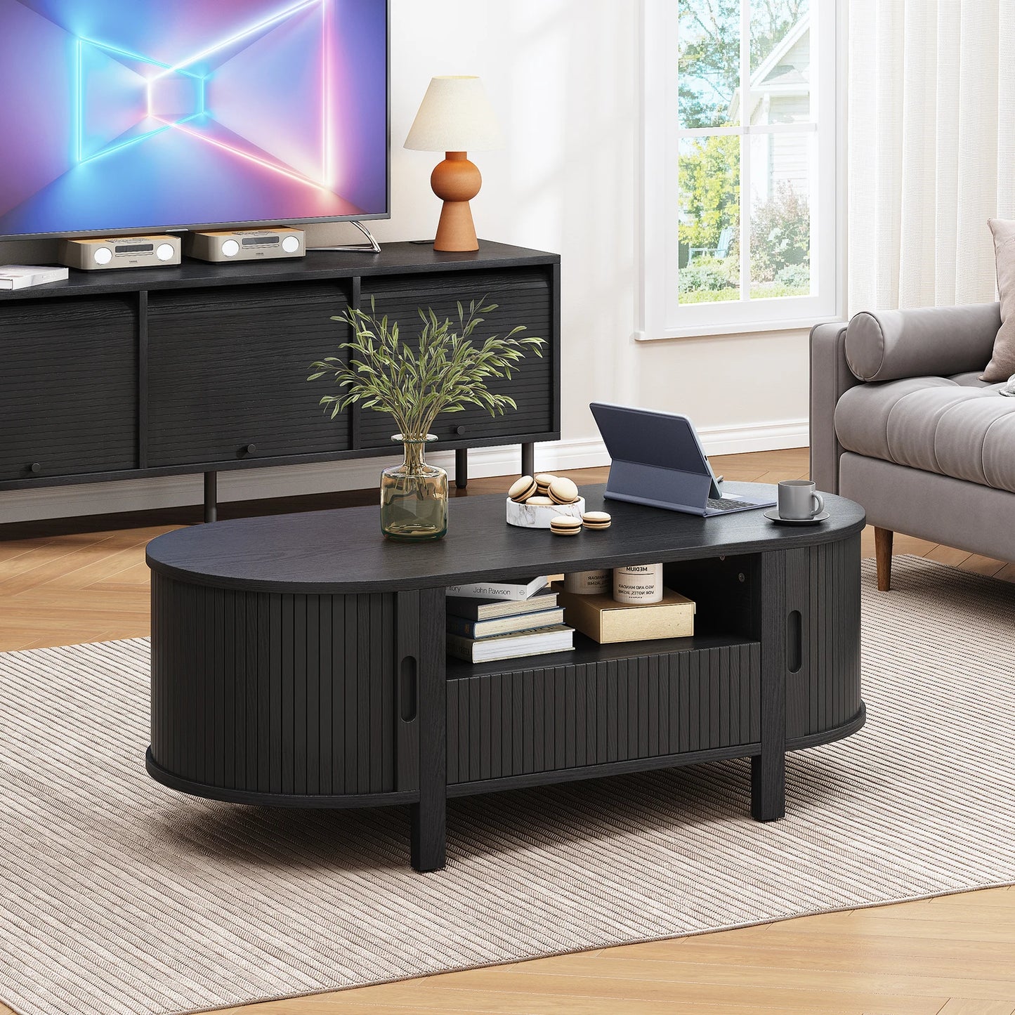 Oval Coffee Table With Cabinets And Sliding Doors