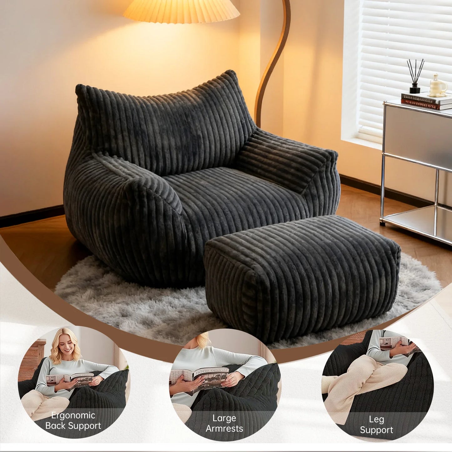 NONECN Reading Chair Bean Bag for Adults with Foam Comfort