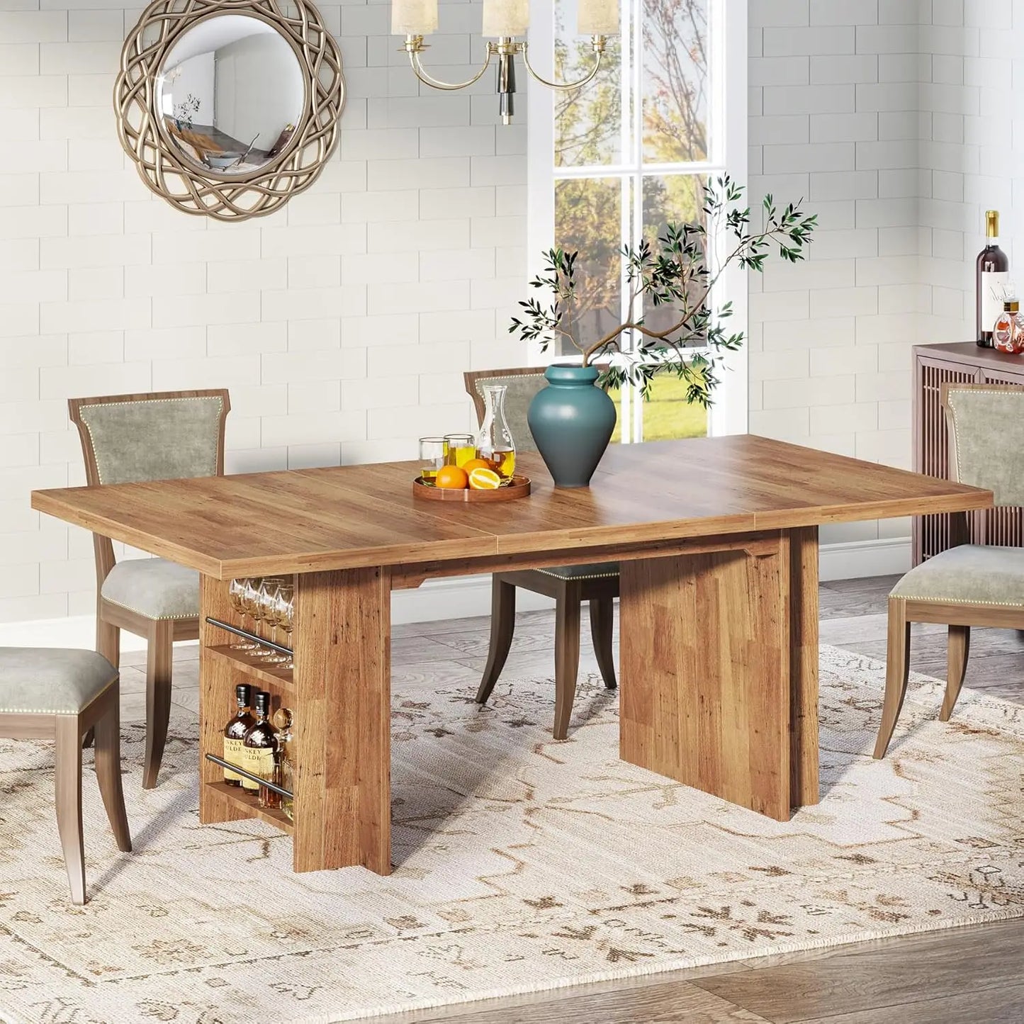 LITTLE TREE Farmhouse Dining Table With Storage For Dining Room