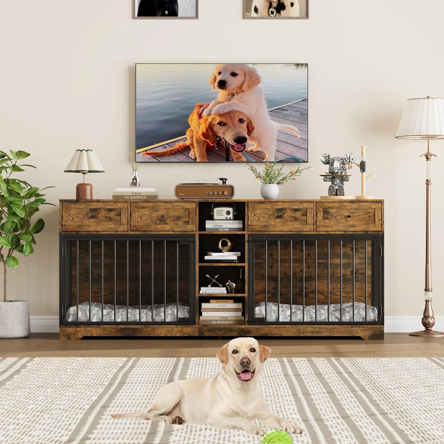HiMISS Double Dog Crate Furniture TV Stand With Drawers