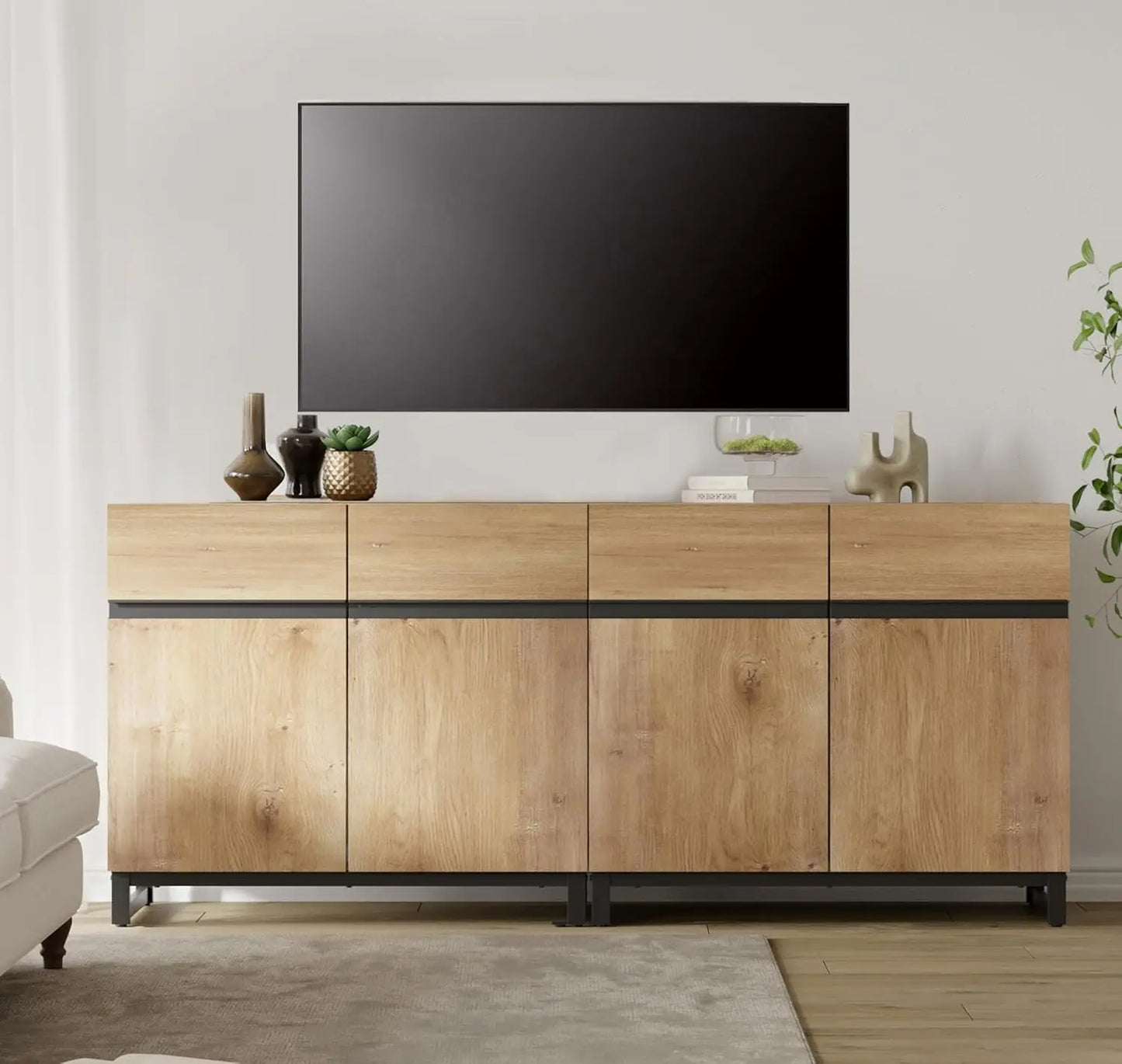 TV Stand With Adjustable Shelves And Sturdy Metal Base