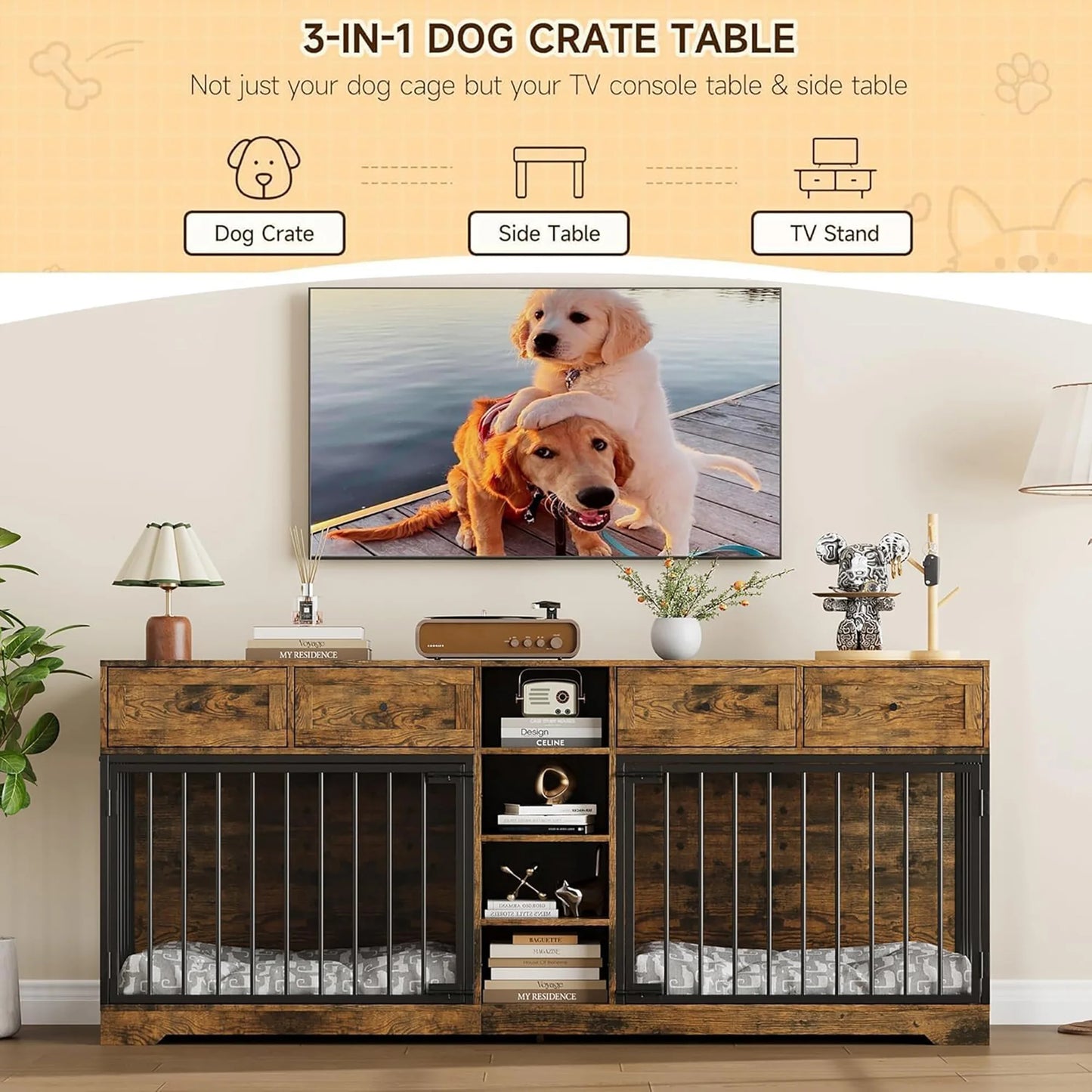 HiMISS Double Dog Crate Furniture TV Stand With Drawers