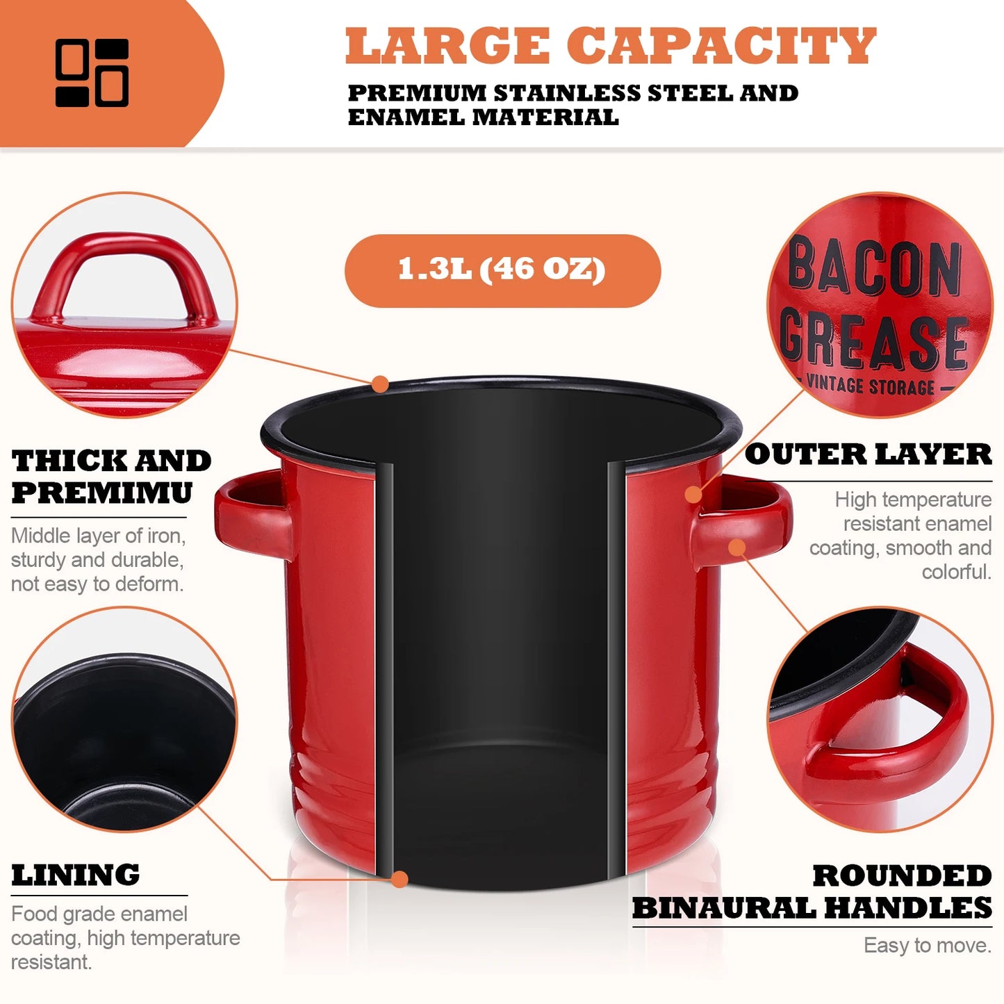 Bacon Grease Container With Strainer For Kitchen Oil Storage