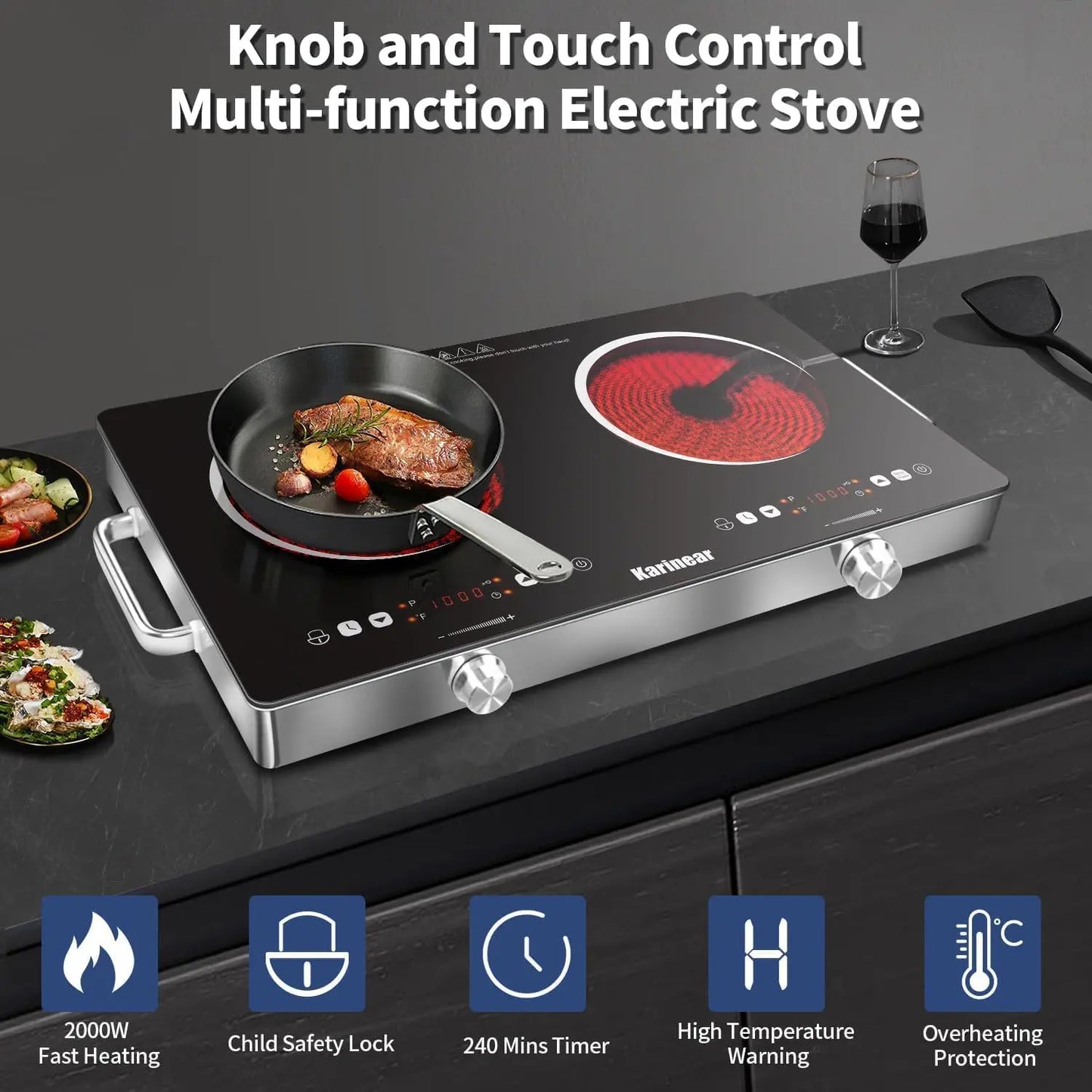 Karinear Dual Zone Ceramic Hob 3200W Electric Cooktop