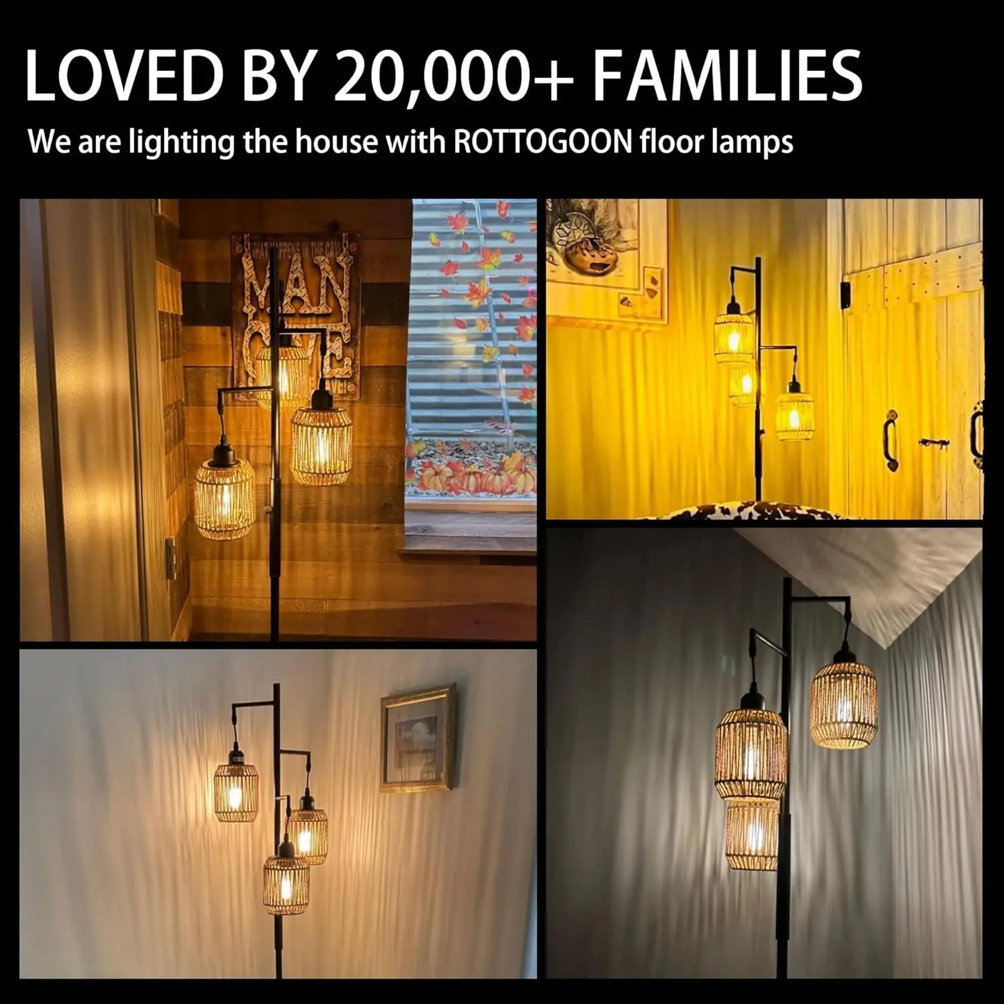 Dimmable Boho Floor Lamp With 3 Light Rattan Design