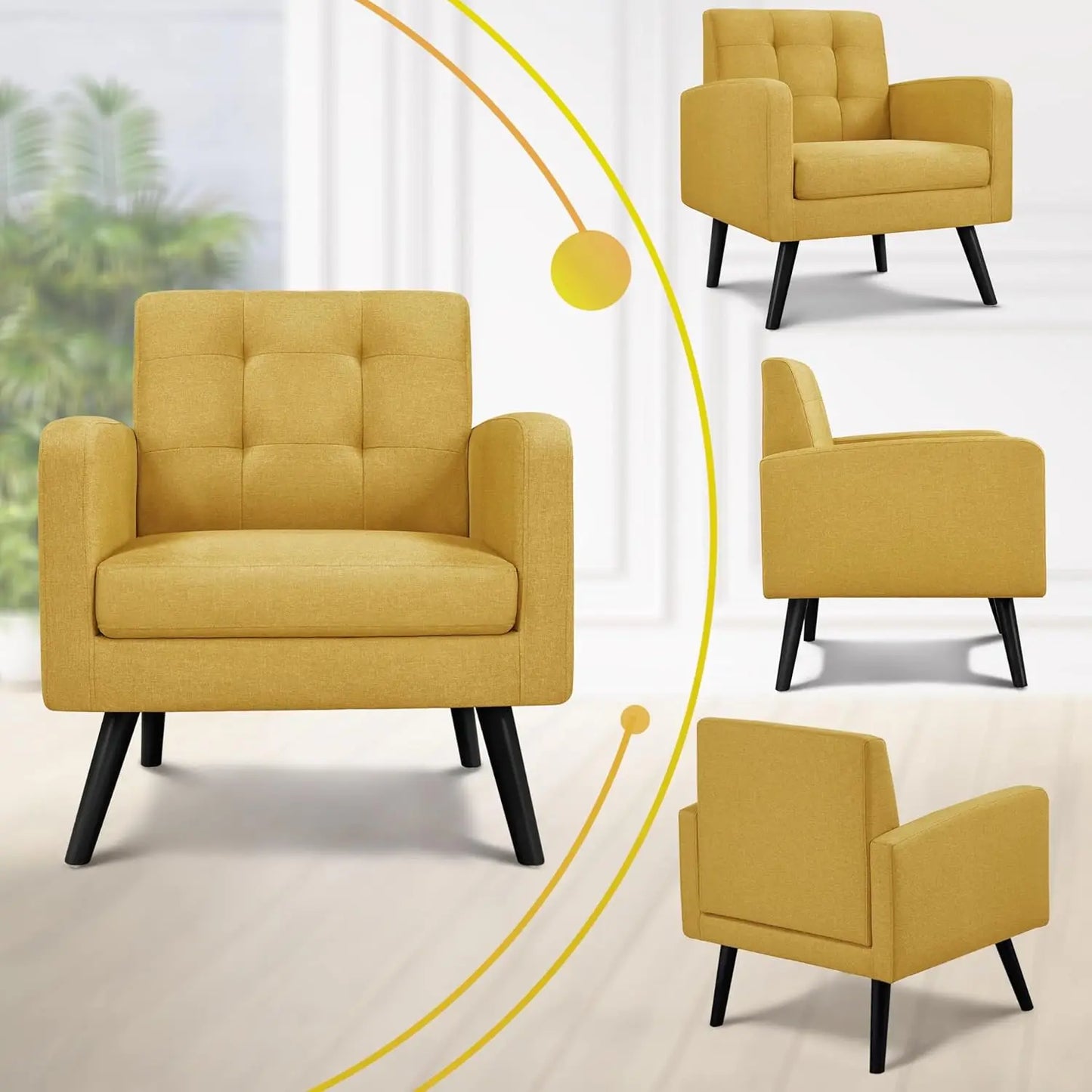 Mid-Century Modern Upholstered Armchairs With Tufted Back And Wood Legs