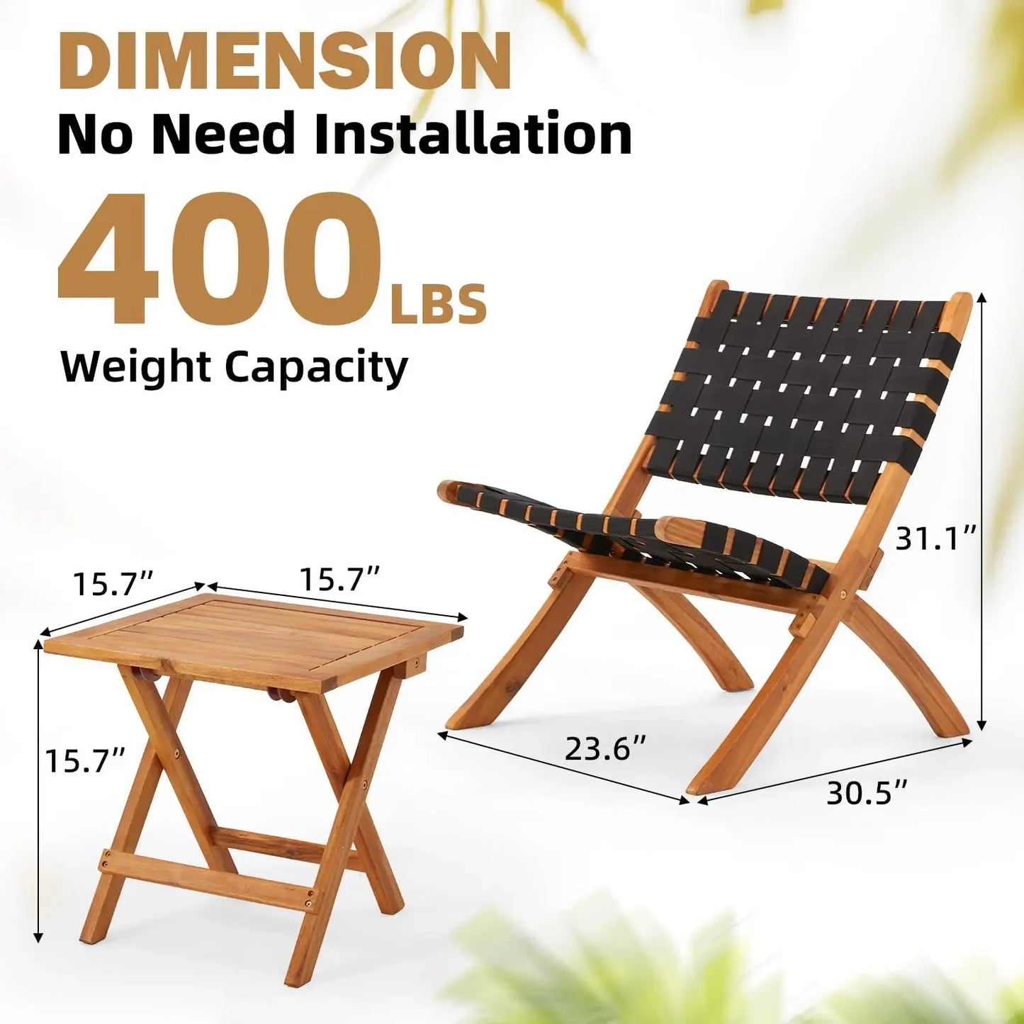 Acacia Wood 3 Piece Patio Set Coffee Table Folding Chairs