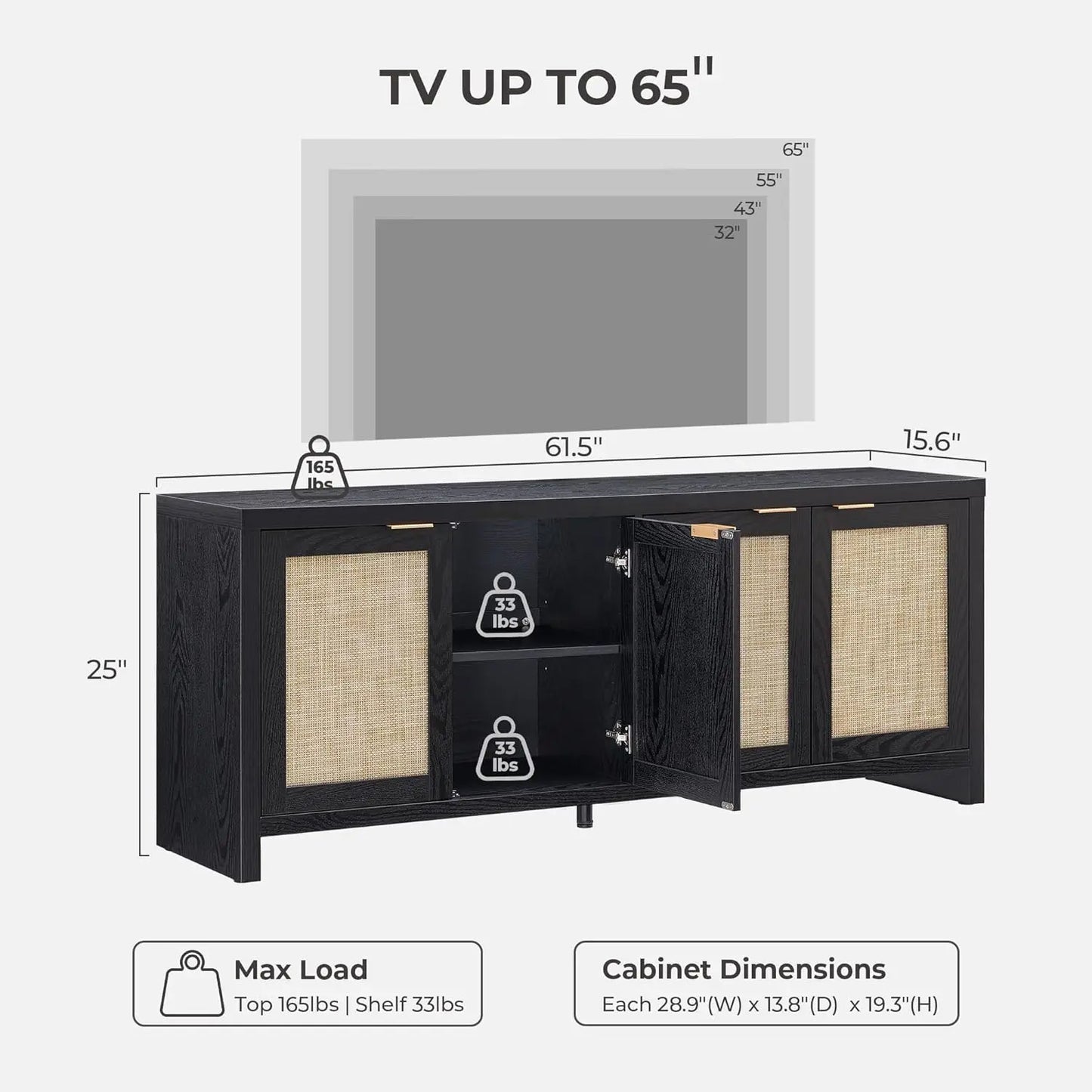 Modern Farmhouse TV Stand With Four Rattan Cabinets
