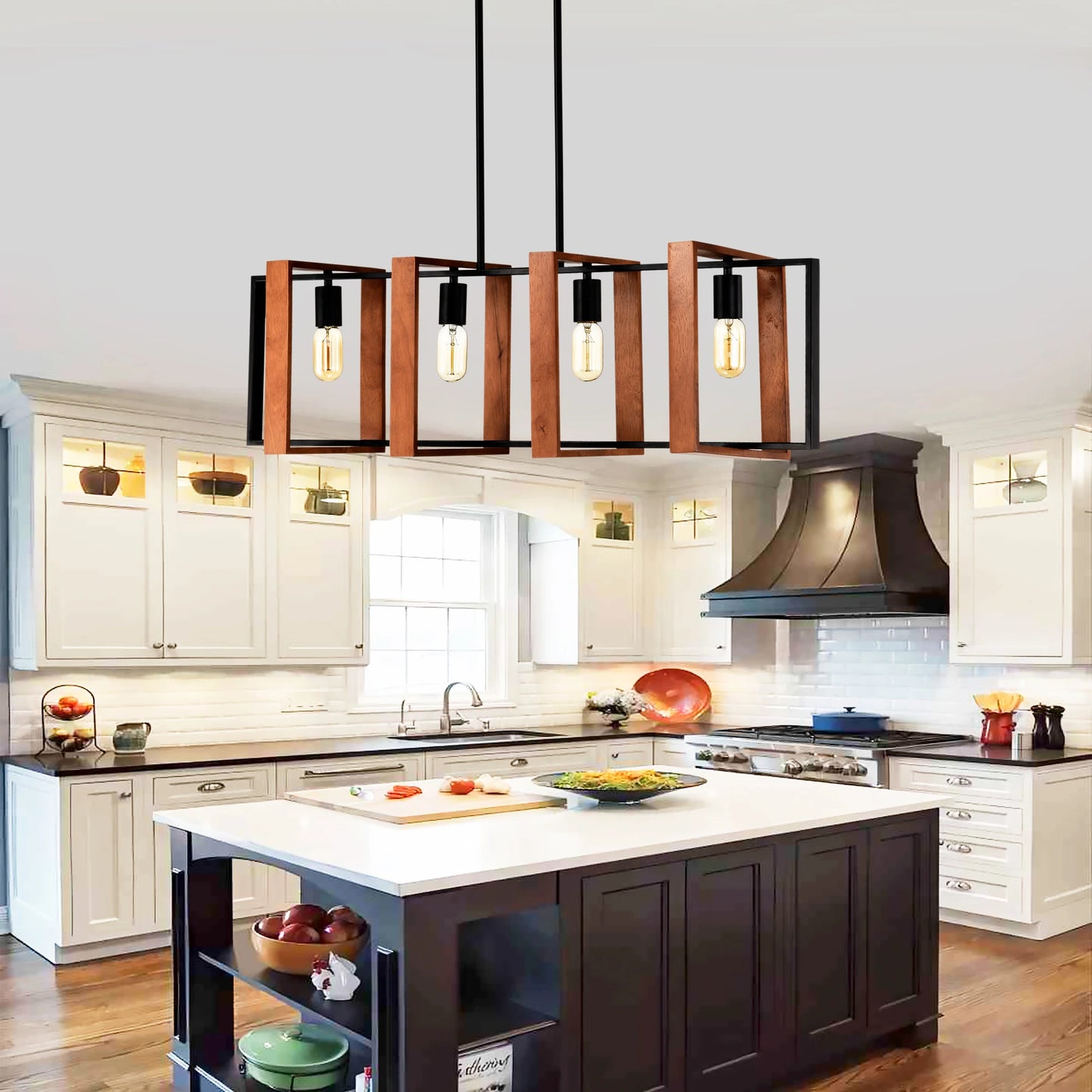 4-Light Farmhouse Pendant Lights Rustic Wood And Black Metal