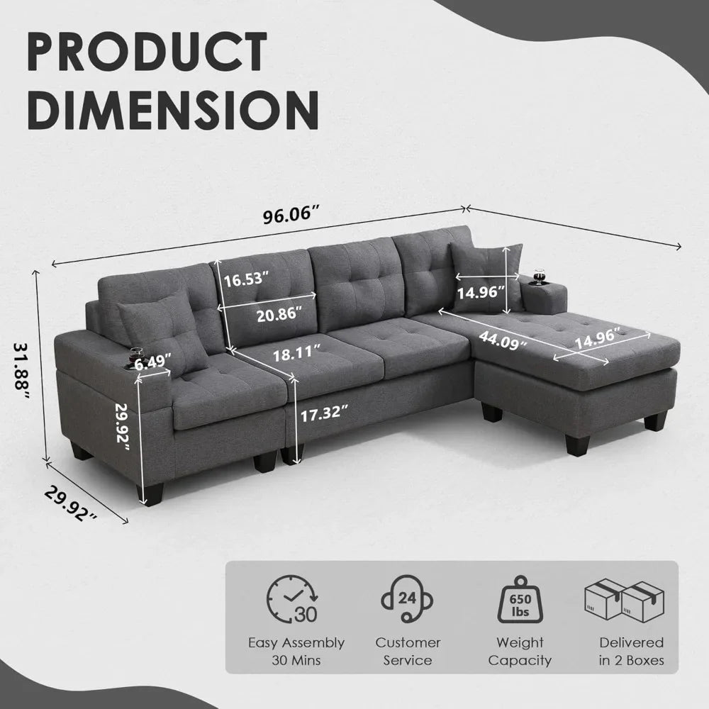 Sectional Fabric Sofa L Shaped With Reversible Chaise