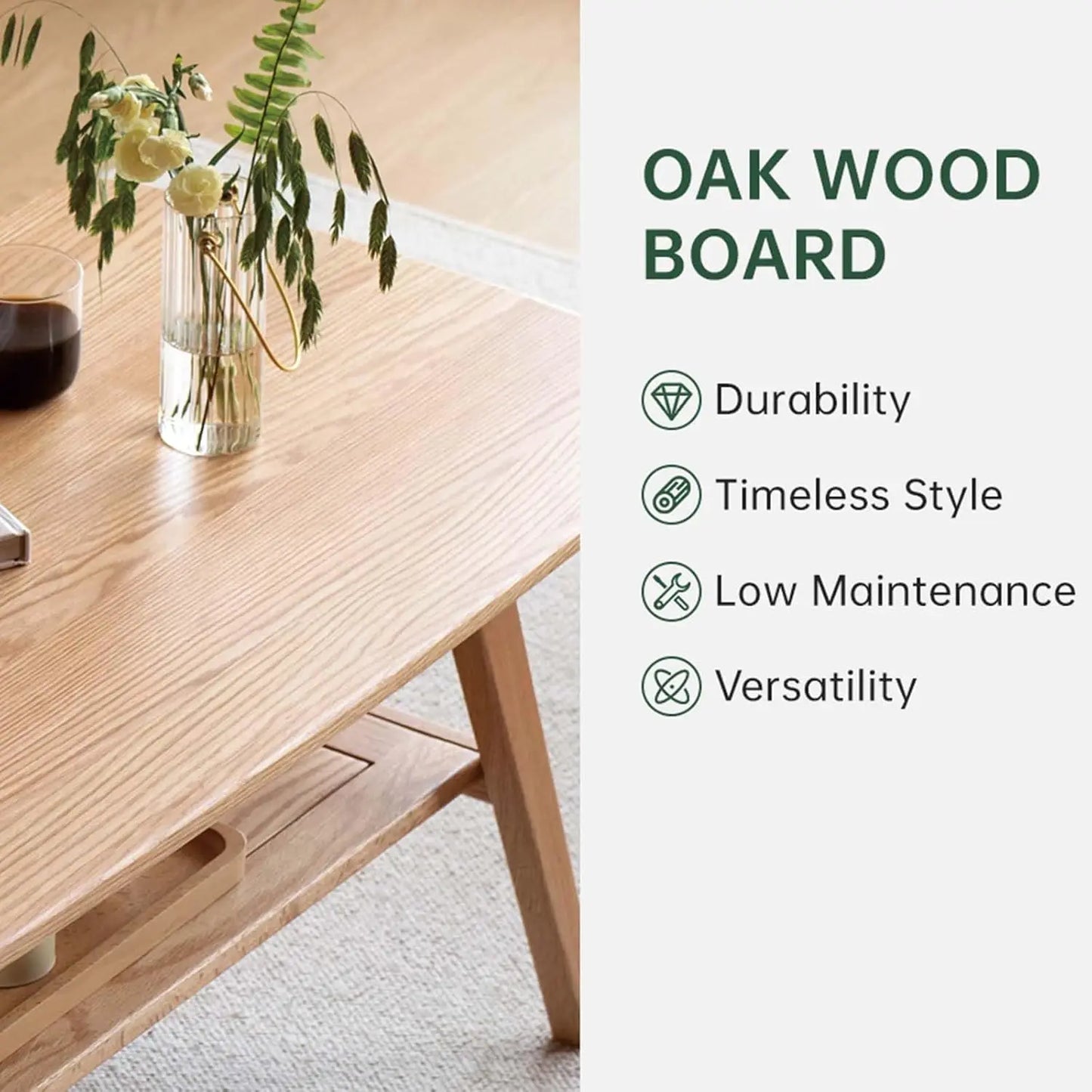 Solid Oak Wood Coffee Table With Shelf Storage Living Room