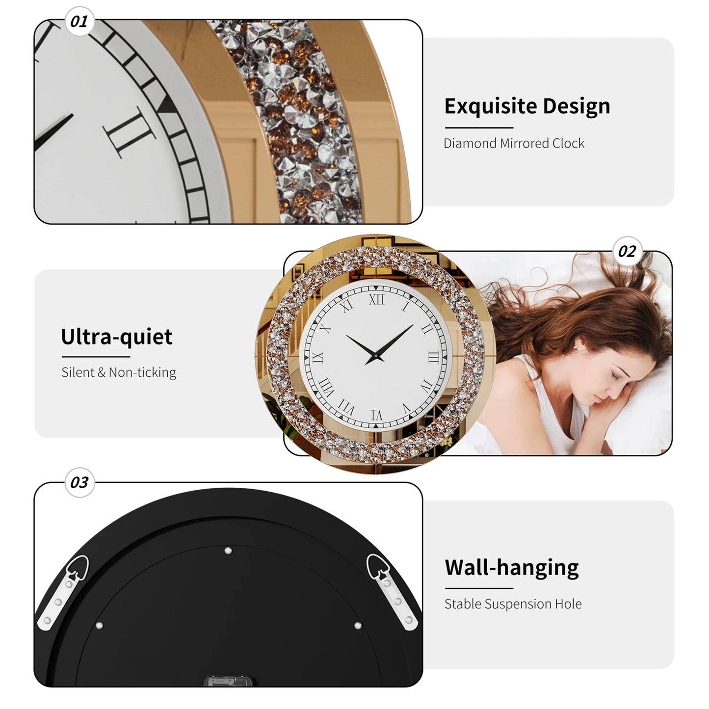 Glam Sparkle Round Mirror Wall Clock For Home Decor