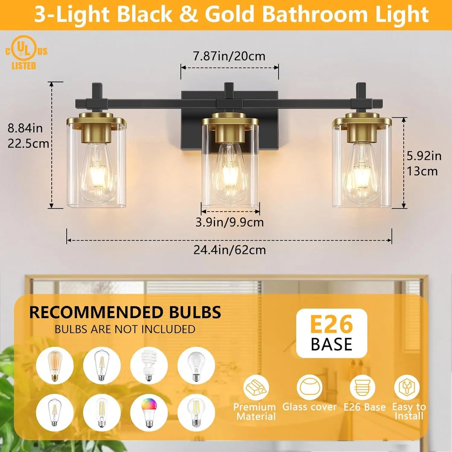 Modern Black and Gold Bathroom Light Fixture with Square Glass Shade, Over Mirror Vanity Lighting for Bedroom Hallway