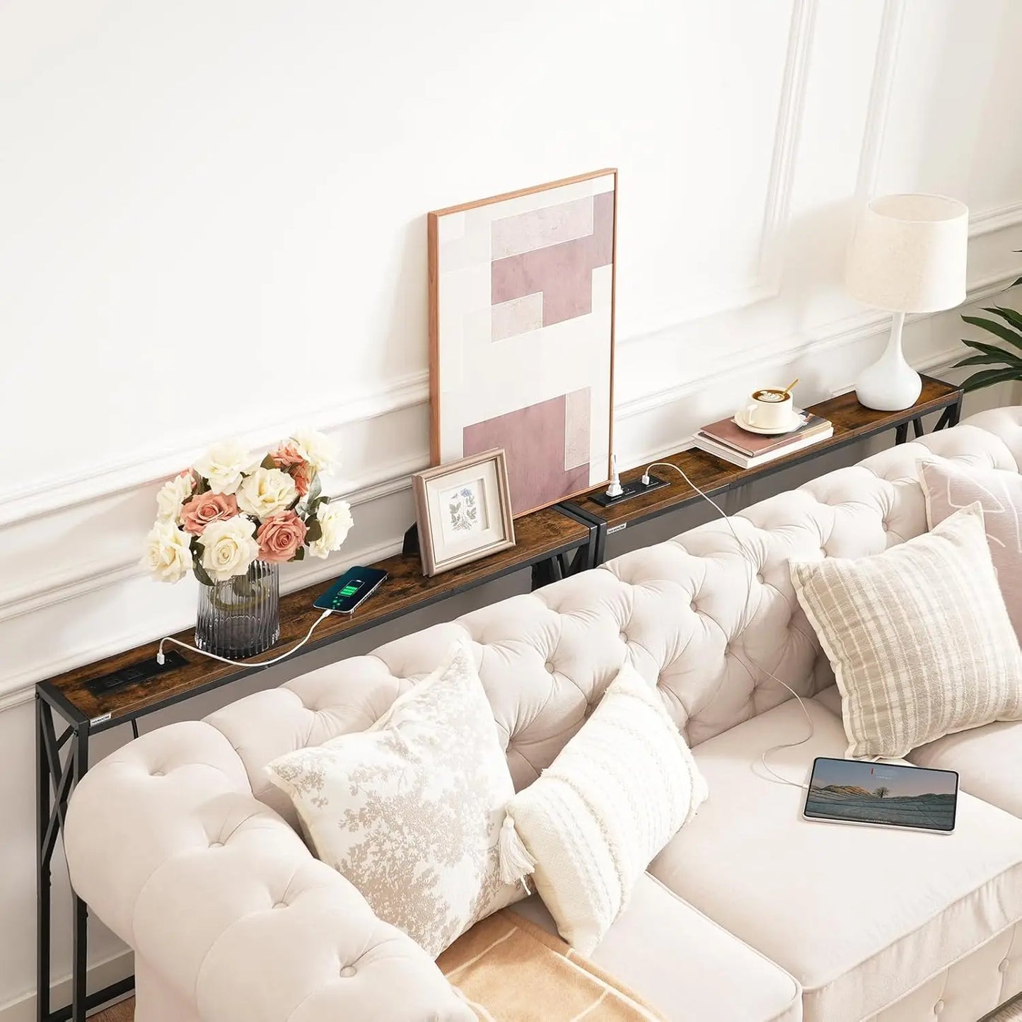 Two Pack Narrow Sofa Table Slim Console With Charging Station