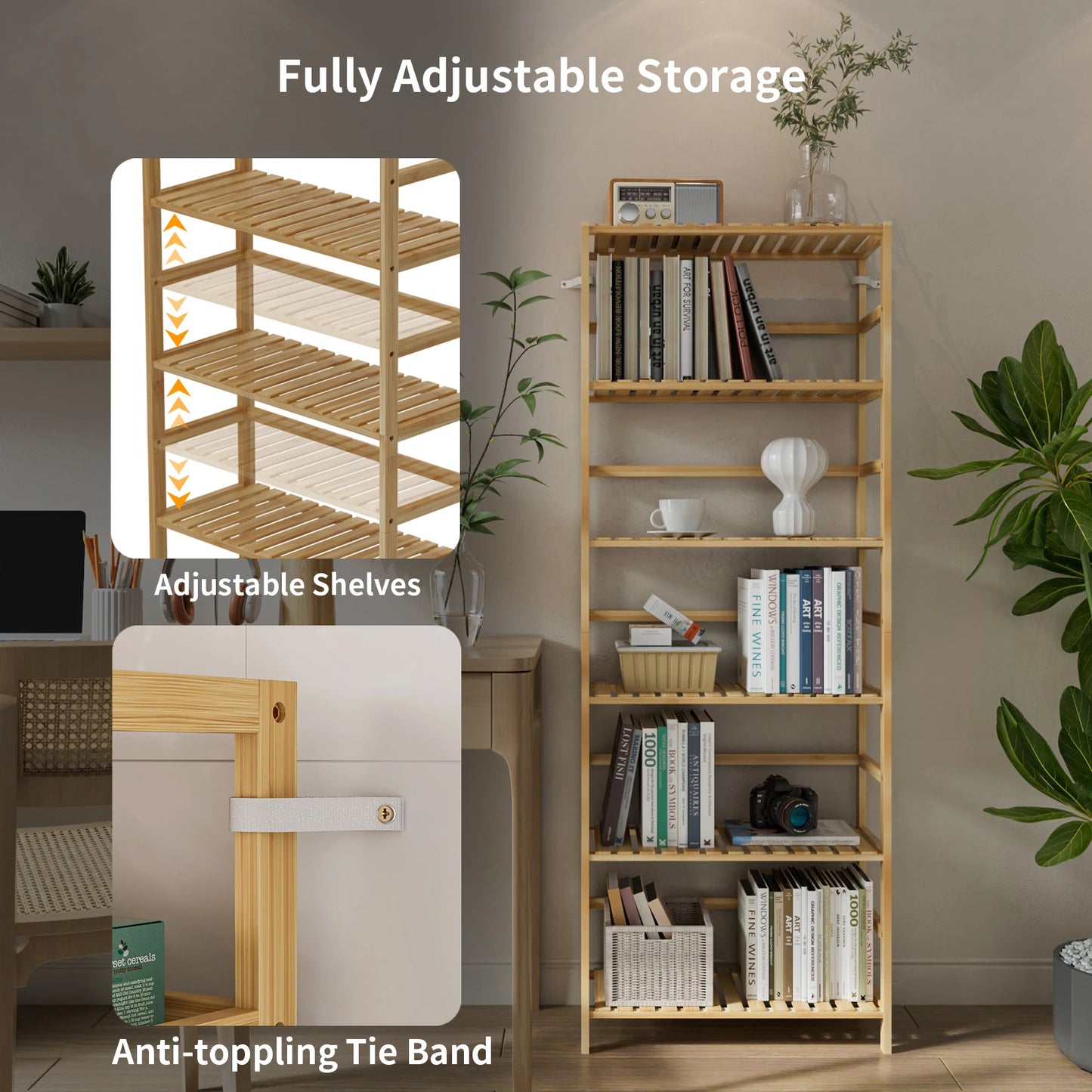 6-Tier Bamboo Storage Rack Shelving Unit For Home Organization