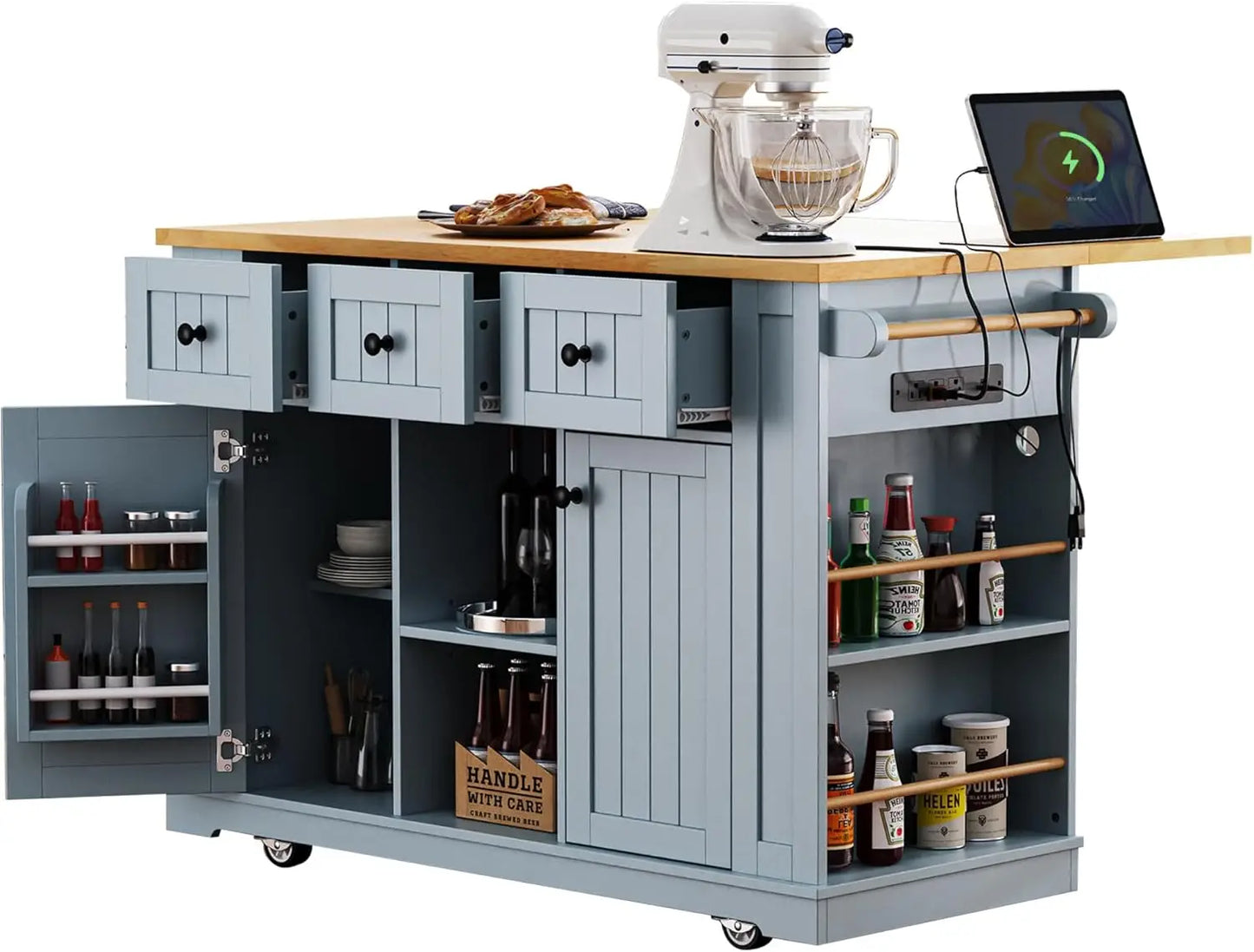 Kitchen Island With Storage On Wheels Drawers Door Rack