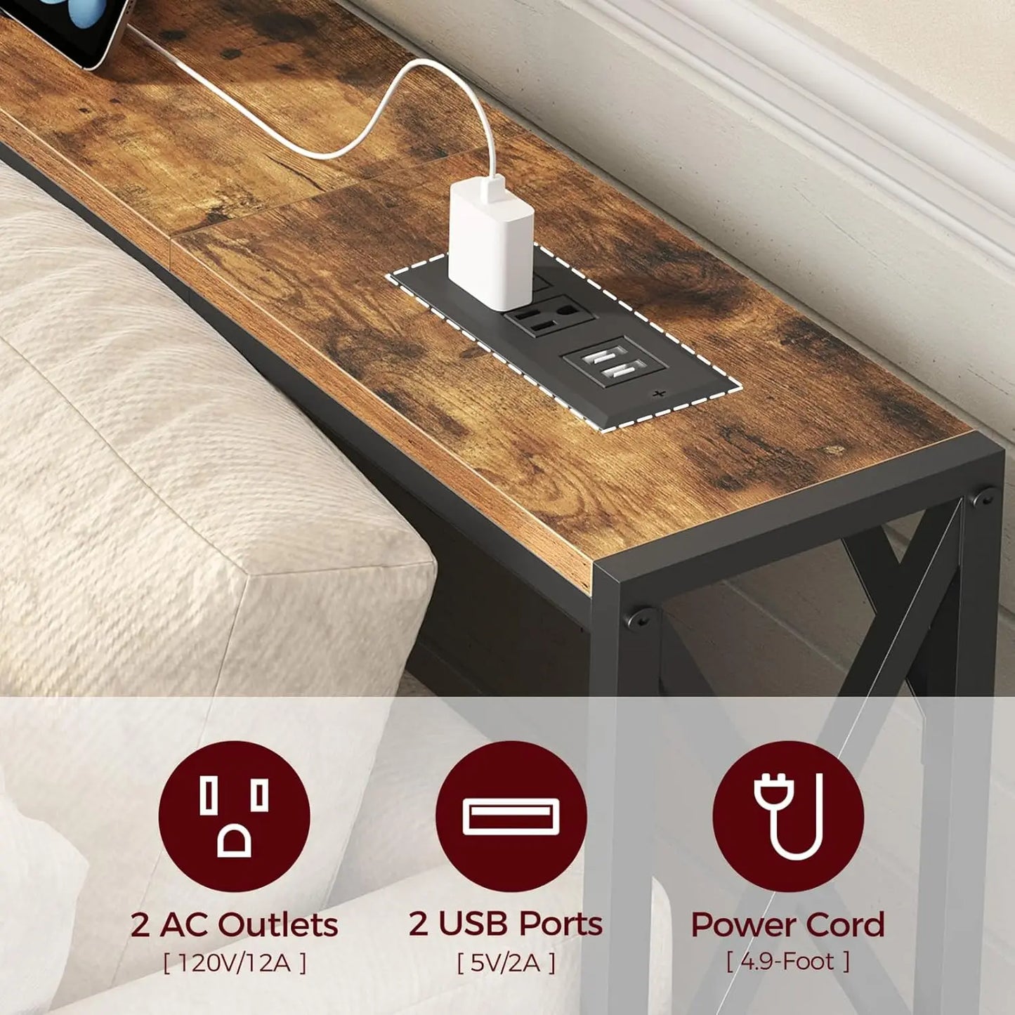 Two Pack Narrow Sofa Table Slim Console With Charging Station