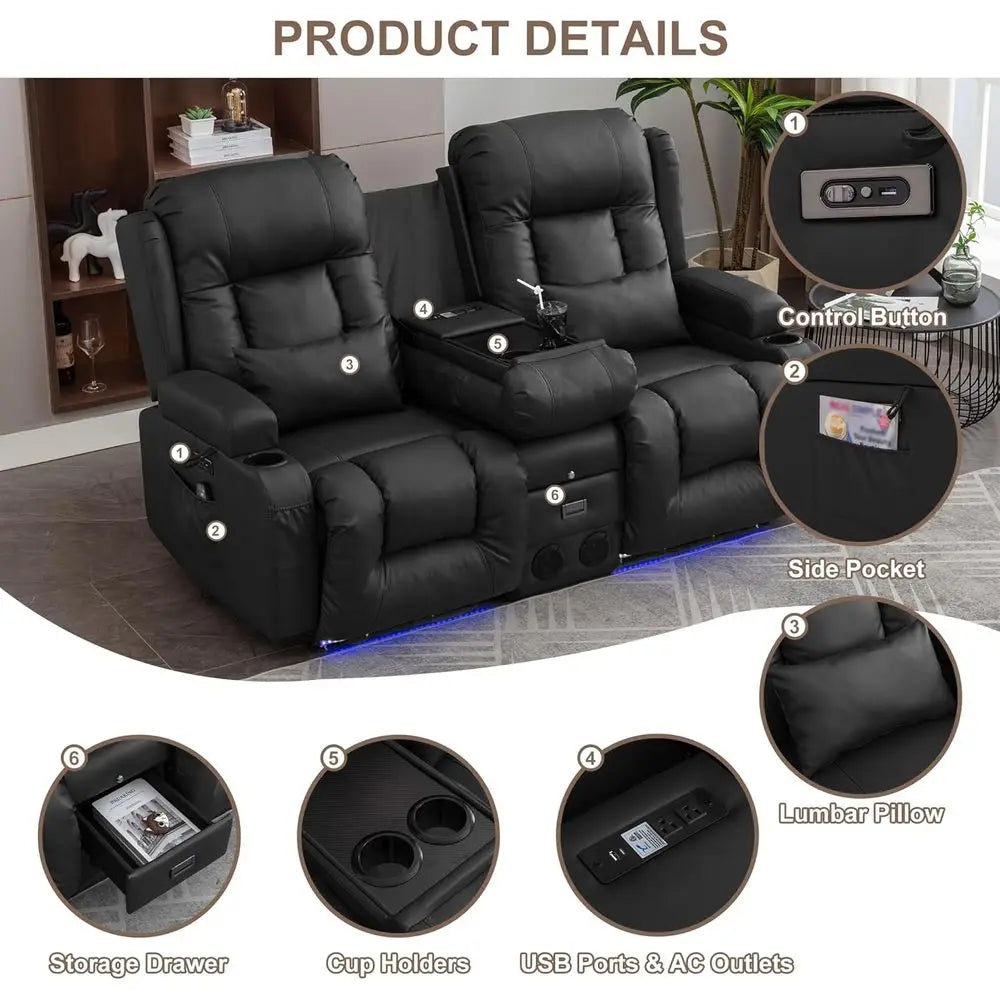 Massage And Heat Reclining Loveseat With USB Storage LED Lights