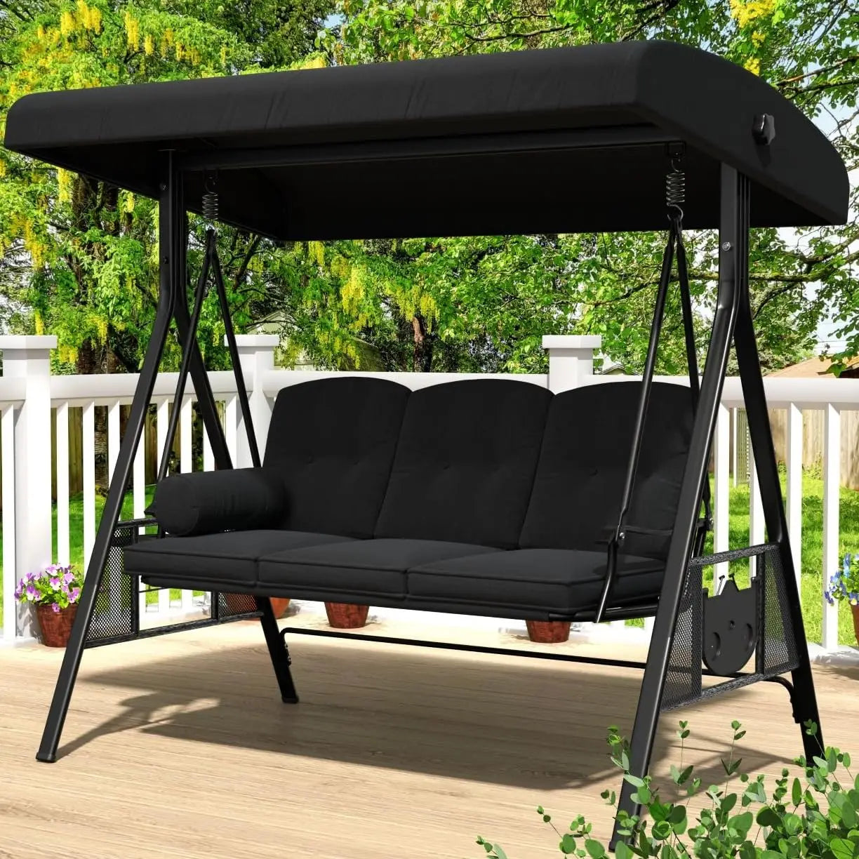 HUANZHUANG 3-Seat Outdoor Porch Swing With Adjustable Canopy