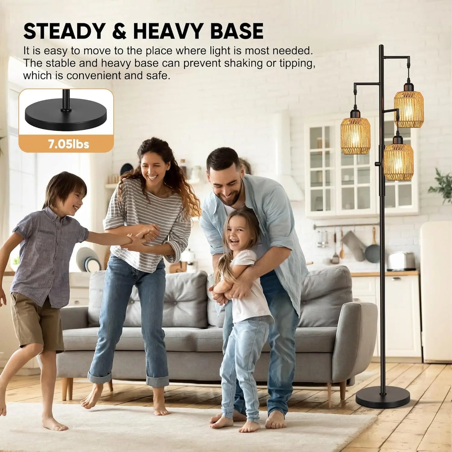 Dimmable Boho Floor Lamp With 3 Light Rattan Design