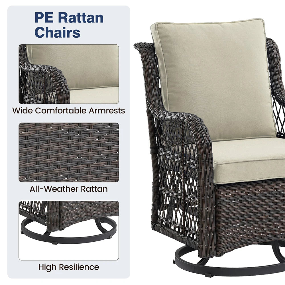 HiMISS 3 Piece Wicker Patio Set With Two Swivel Chairs And Glass Table