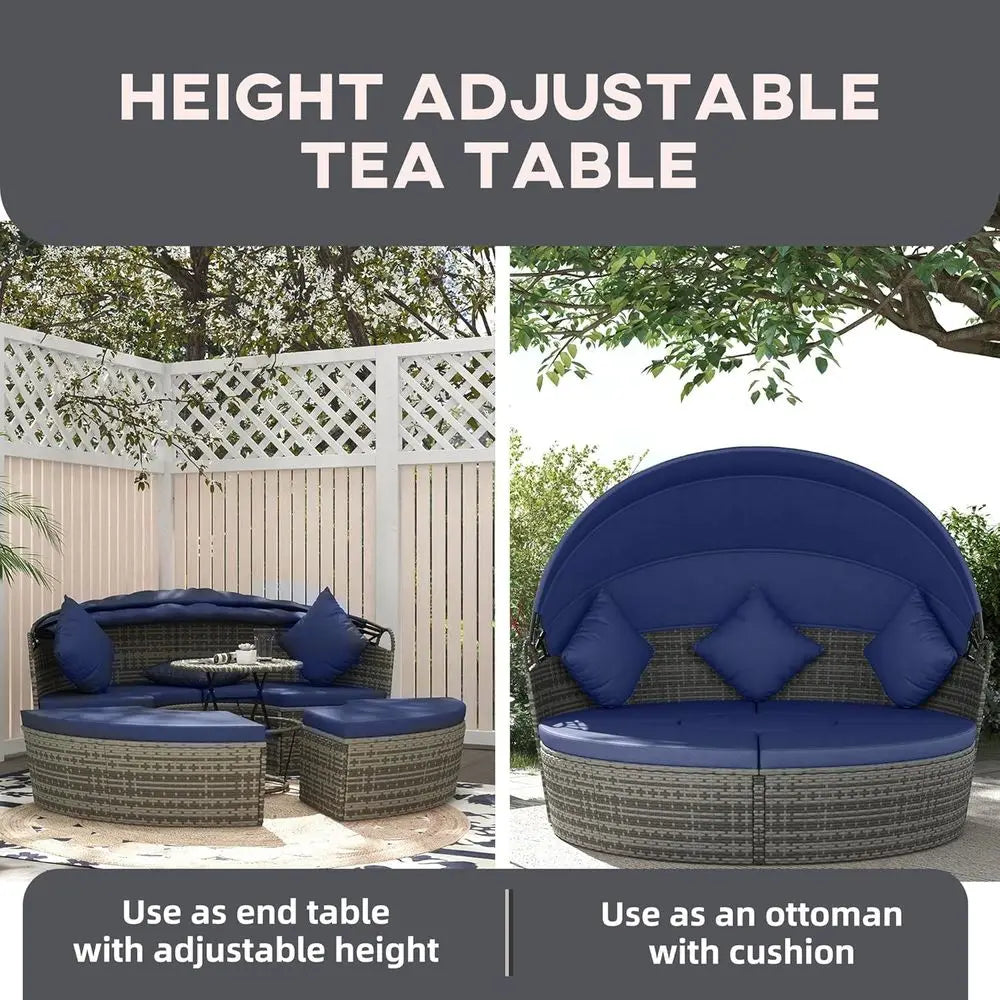 Round Rattan Daybed Patio Set 4 Piece Outdoor Sectional