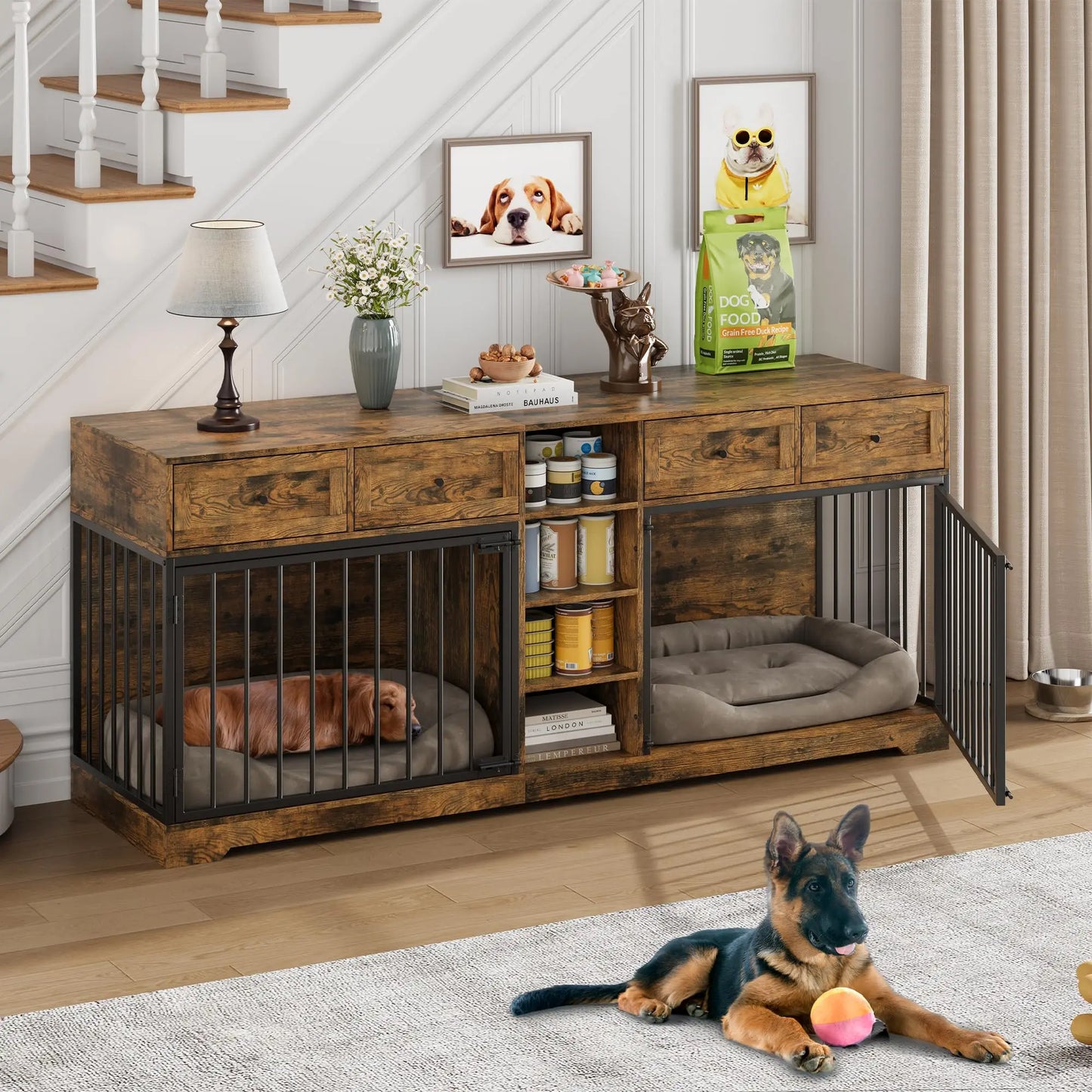 HiMISS Double Dog Crate Furniture TV Stand With Drawers