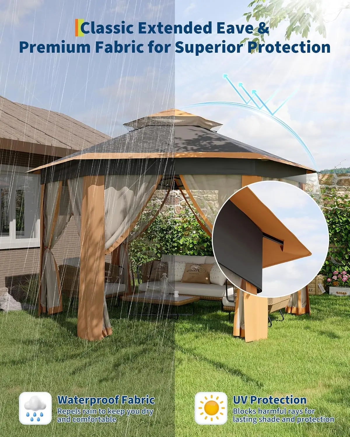Hexagonal Pop Up Gazebo With Mosquito Net And Steel Frame