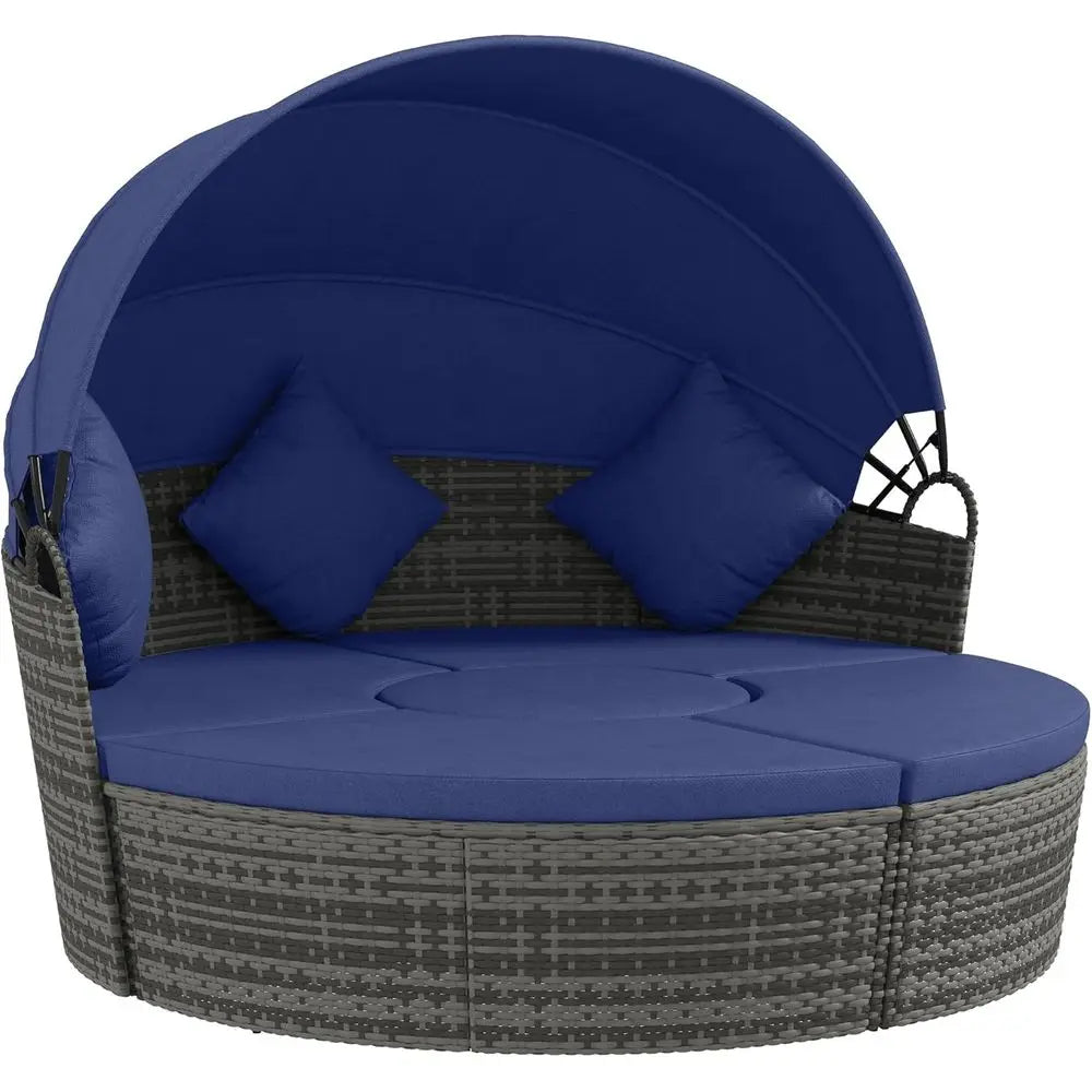 Round Rattan Daybed Patio Set 4 Piece Outdoor Sectional