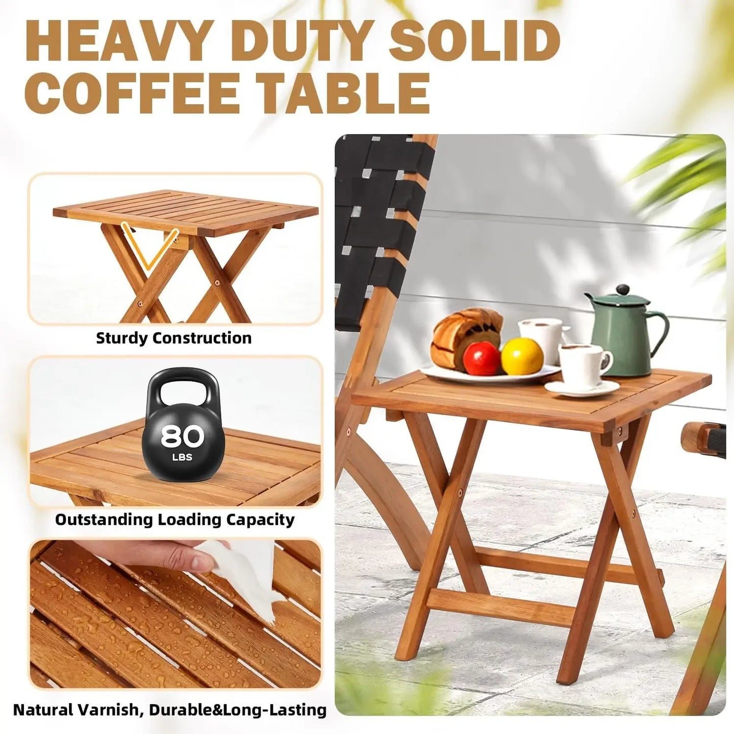 Acacia Wood 3 Piece Patio Set Coffee Table Folding Chairs