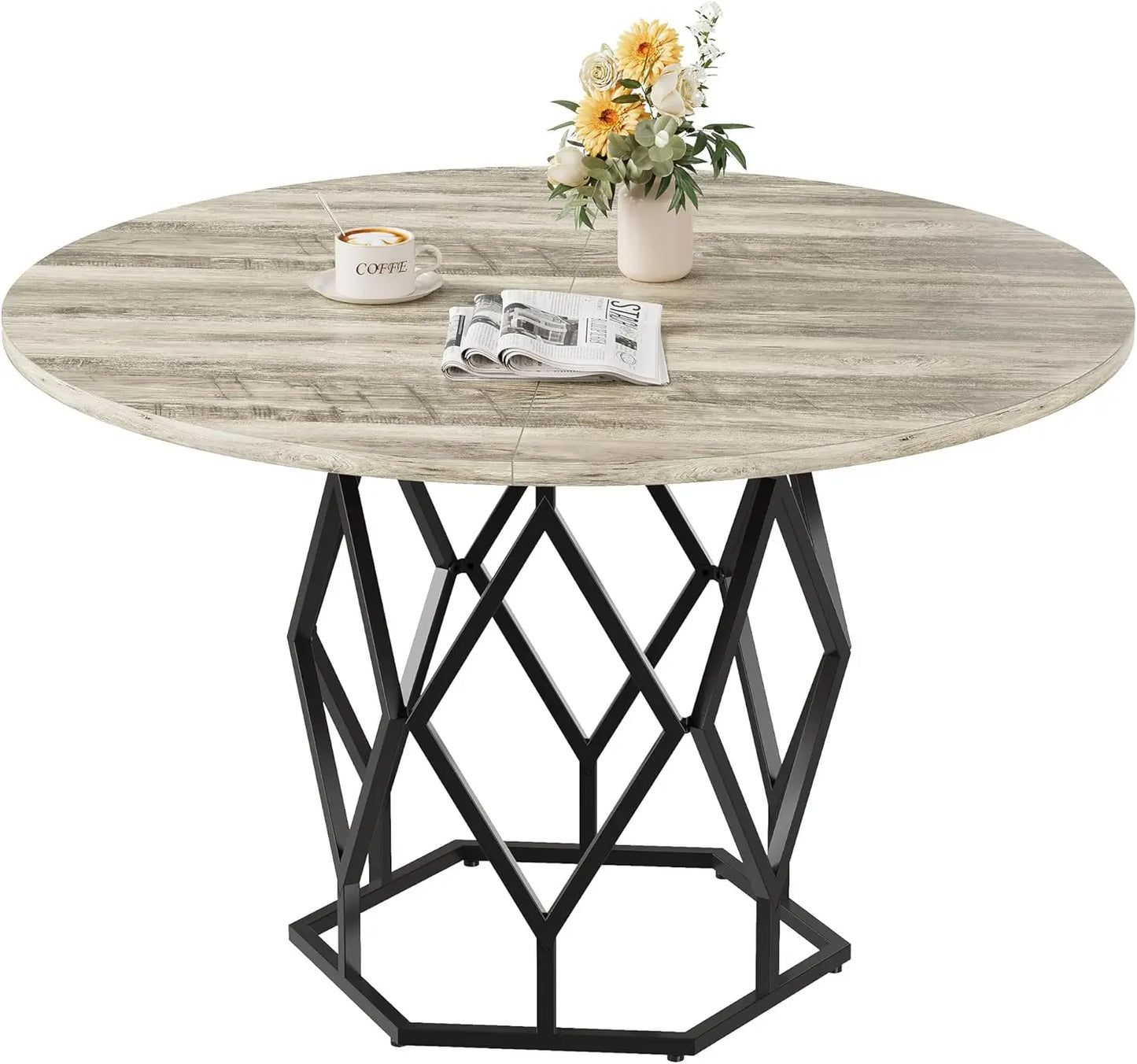 TWISTER.CK Round Dining Table With Wooden Top Metal Diamond Base