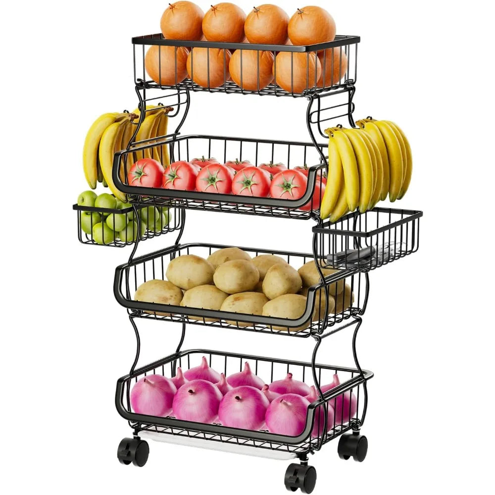 4 Tier Rolling Cart With Wheels And Hanging Baskets Kitchen