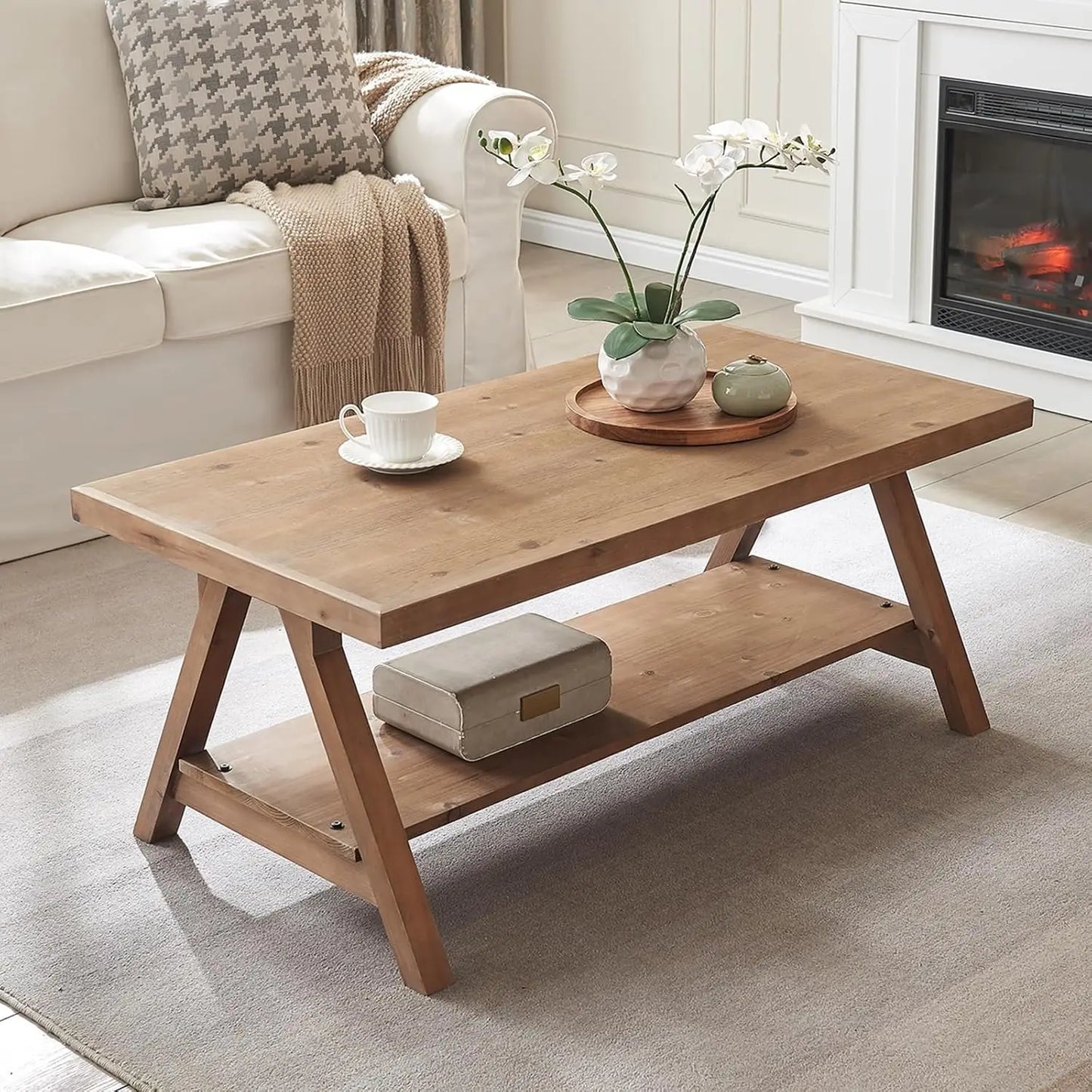 Farmhouse Solid Wood Coffee Table With Storage Shelves