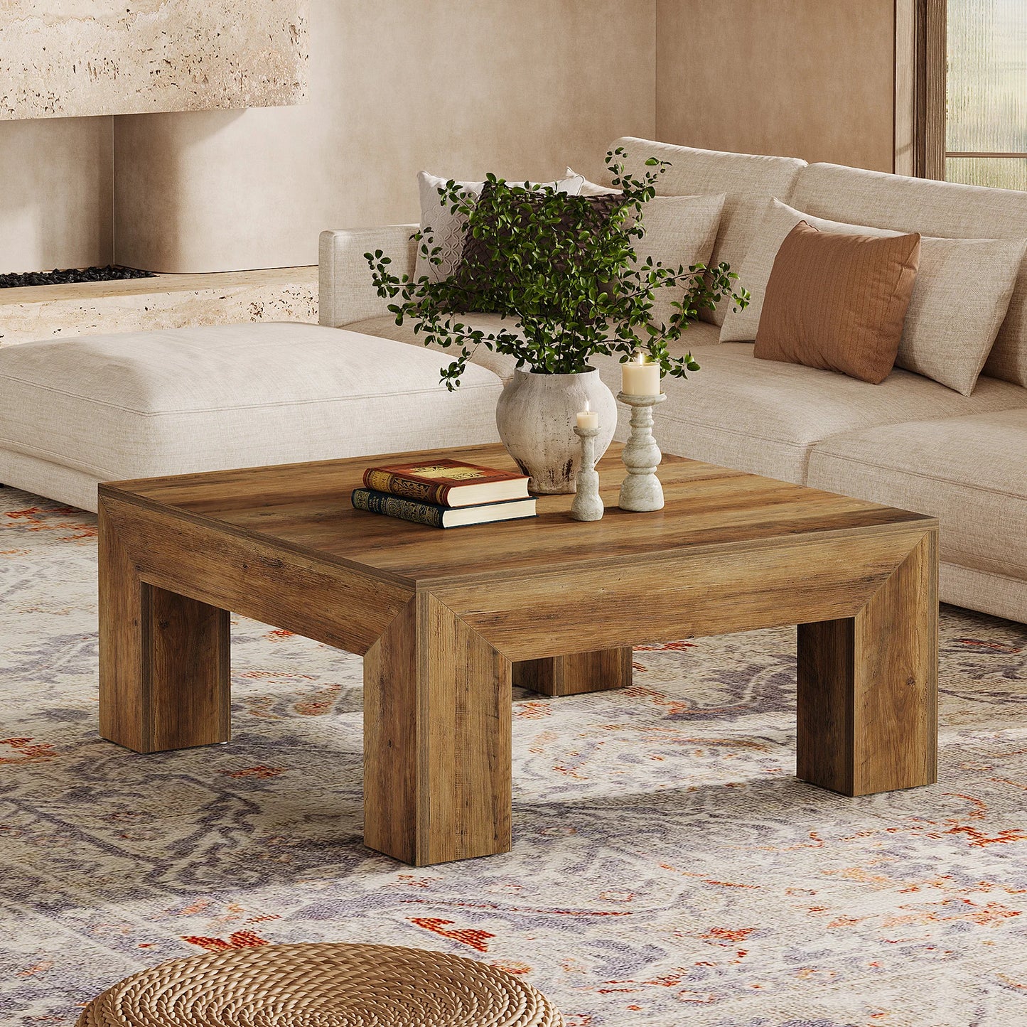 Tribesigns Farmhouse Square Coffee Table With Sturdy Wooden Legs