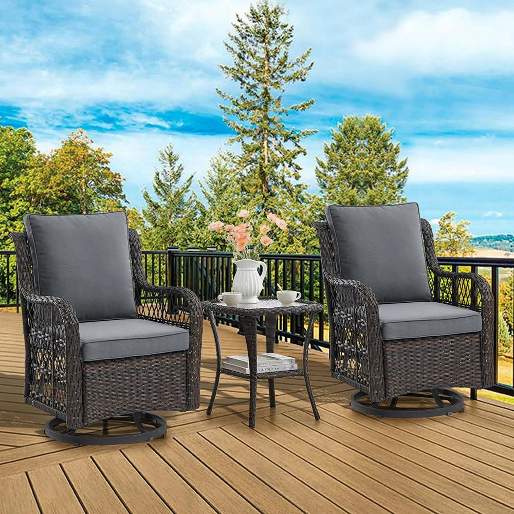 HiMISS 3 Piece Wicker Patio Set With Two Swivel Chairs And Glass Table