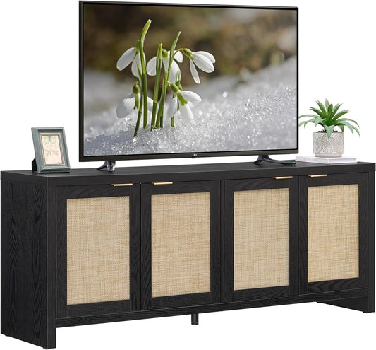 Modern Farmhouse TV Stand With Four Rattan Cabinets