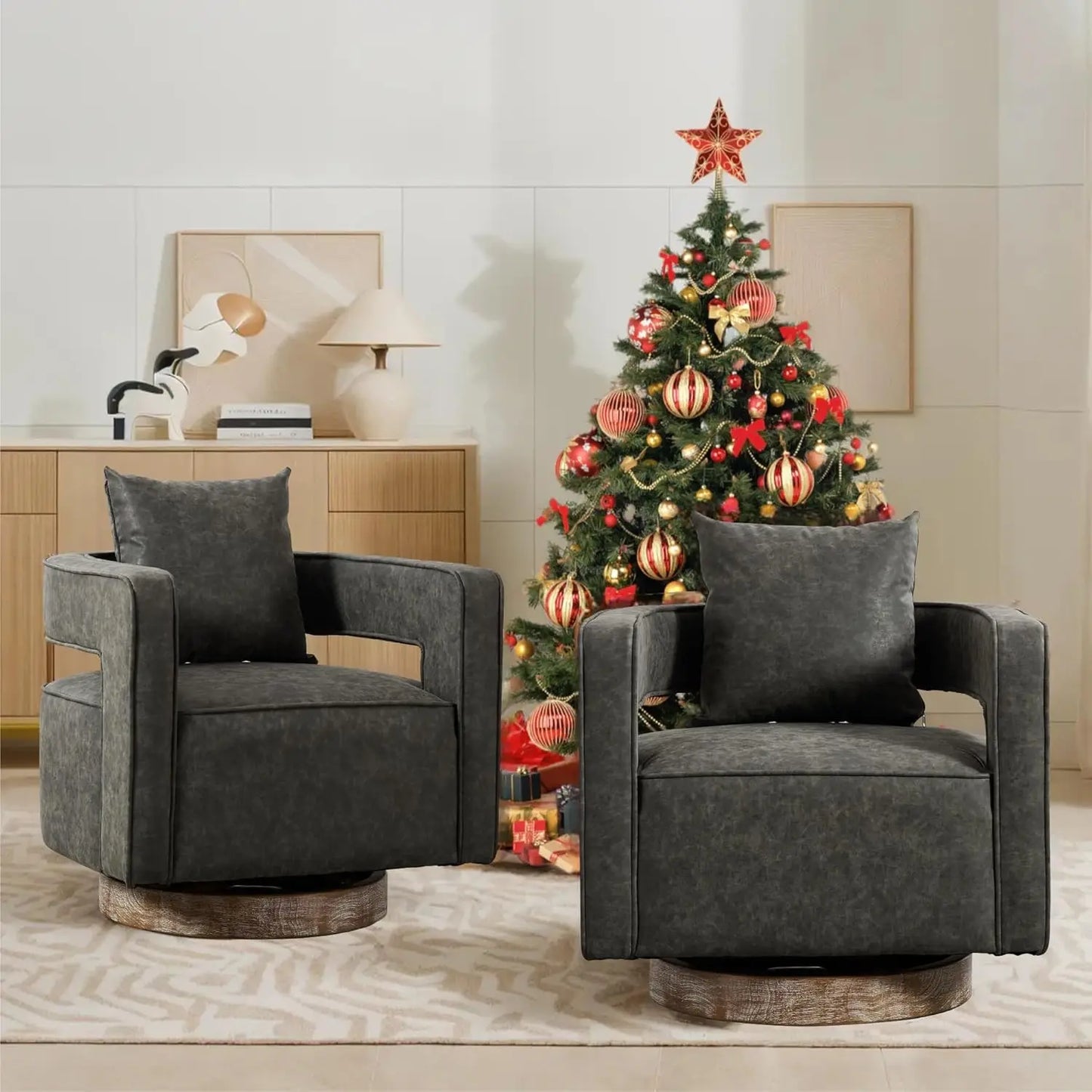 Upholstered Swivel Accent Chair Set Of 2 With Pillow