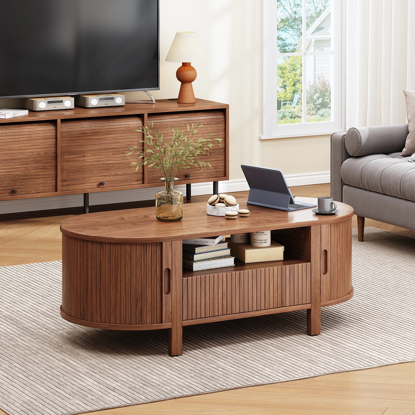 Oval Coffee Table With Cabinets And Sliding Doors