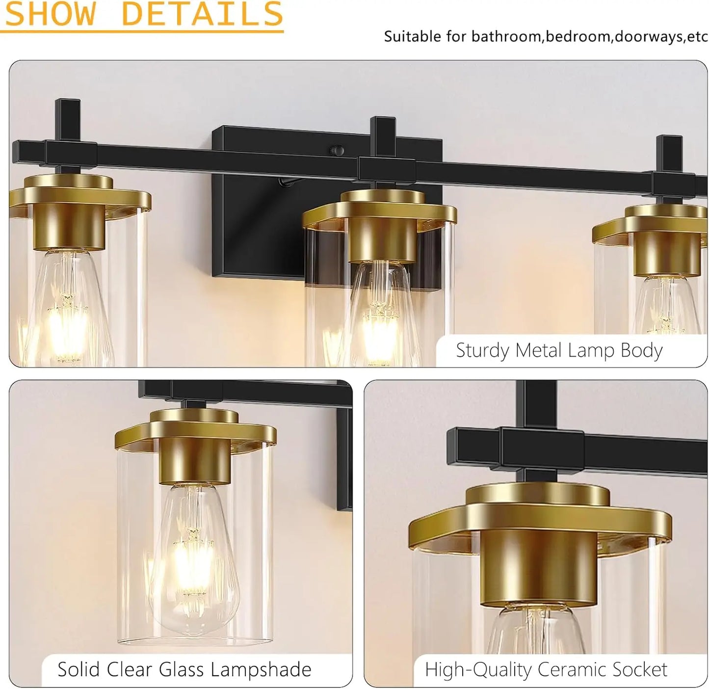 Modern Black and Gold Bathroom Light Fixture with Square Glass Shade, Over Mirror Vanity Lighting for Bedroom Hallway