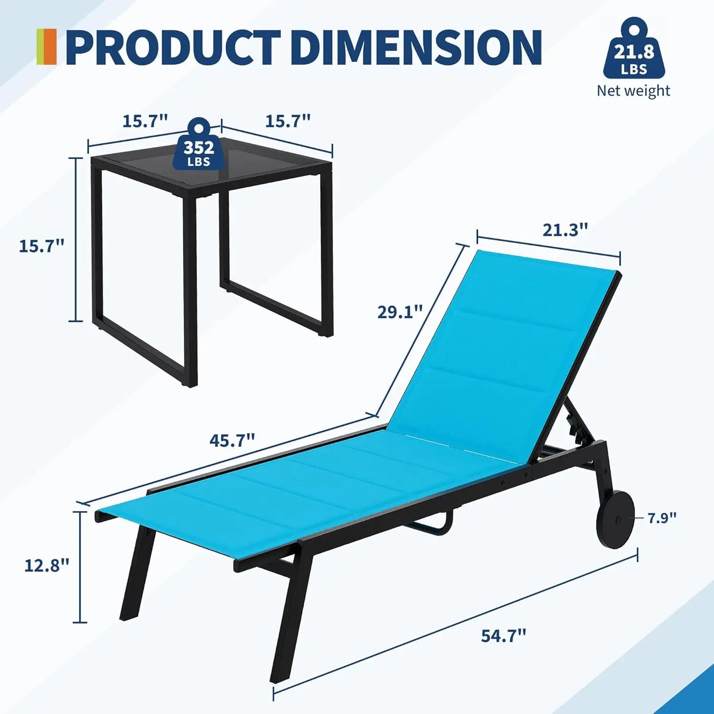 HiMISS 3 Piece Outdoor Chaise Set With Wheels And Table