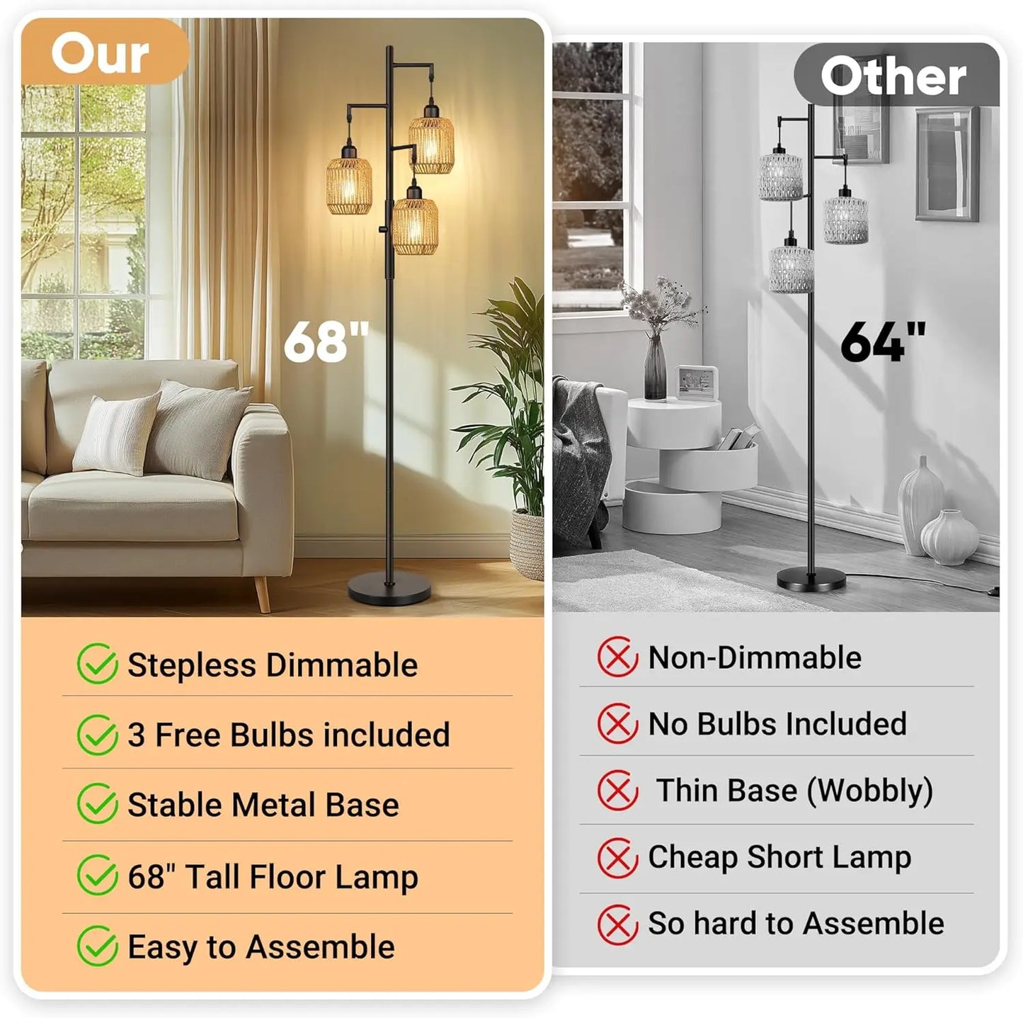 Dimmable Boho Floor Lamp With 3 Light Rattan Design