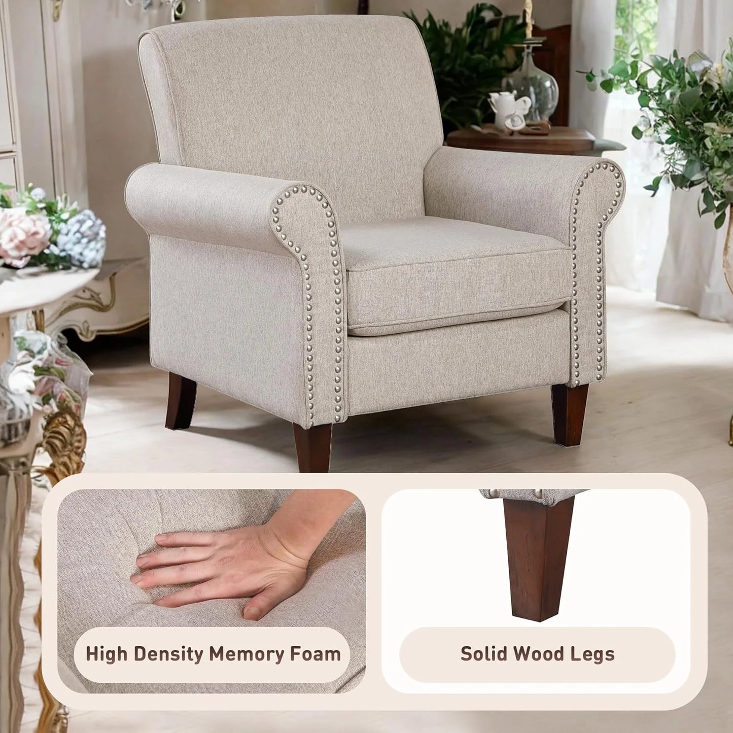 Upholstered Living Room Chair Set of 2 With Rolled Arms
